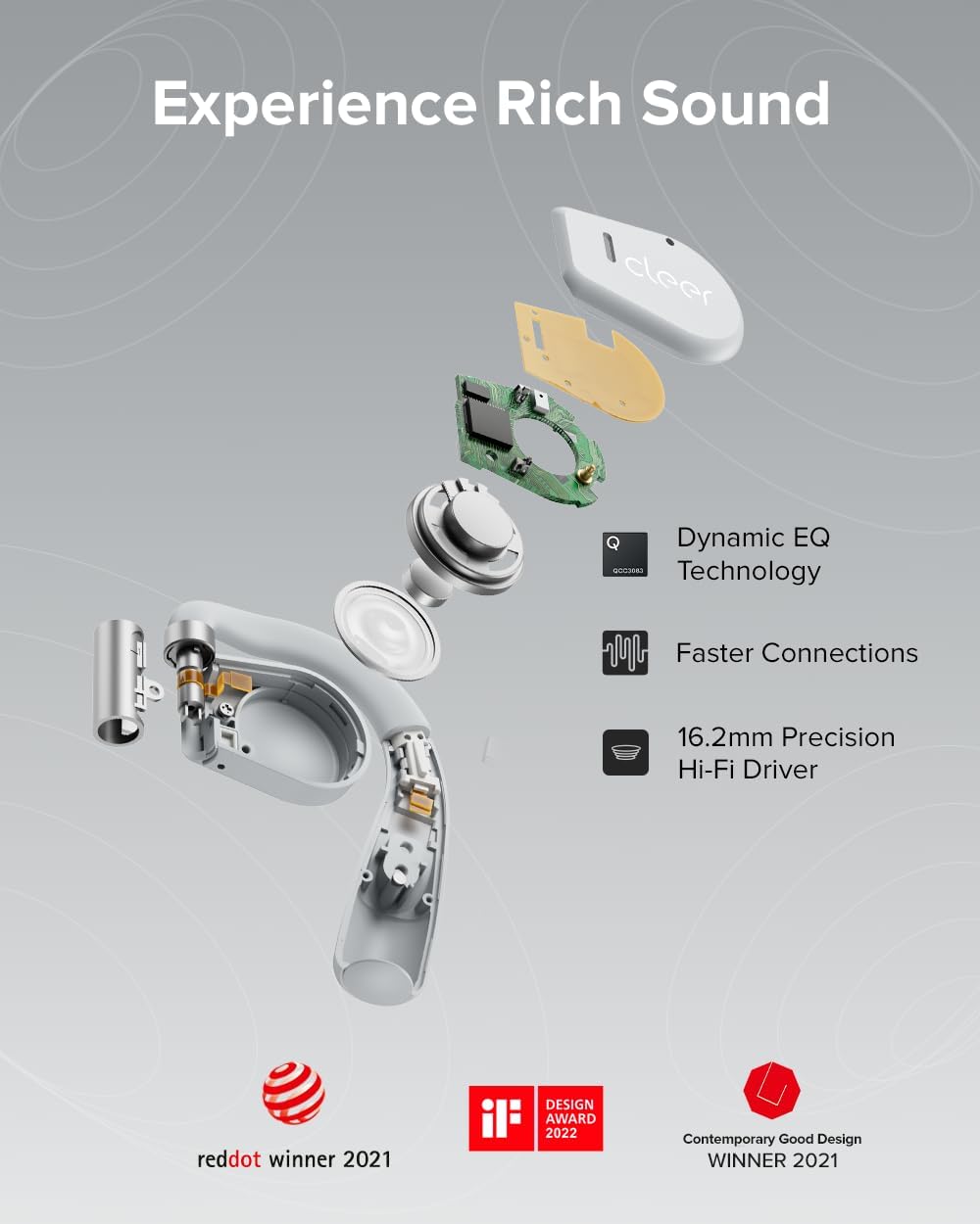 Experience Rich Sound

- Dynamic EQ Technology
- Faster Connections
- 16.2mm Precision Hi-Fi Driver

Awards:
- red dot winner 2021
- DESIGN AWARD 2022
- Contemporary Good Design WINNER 2021
