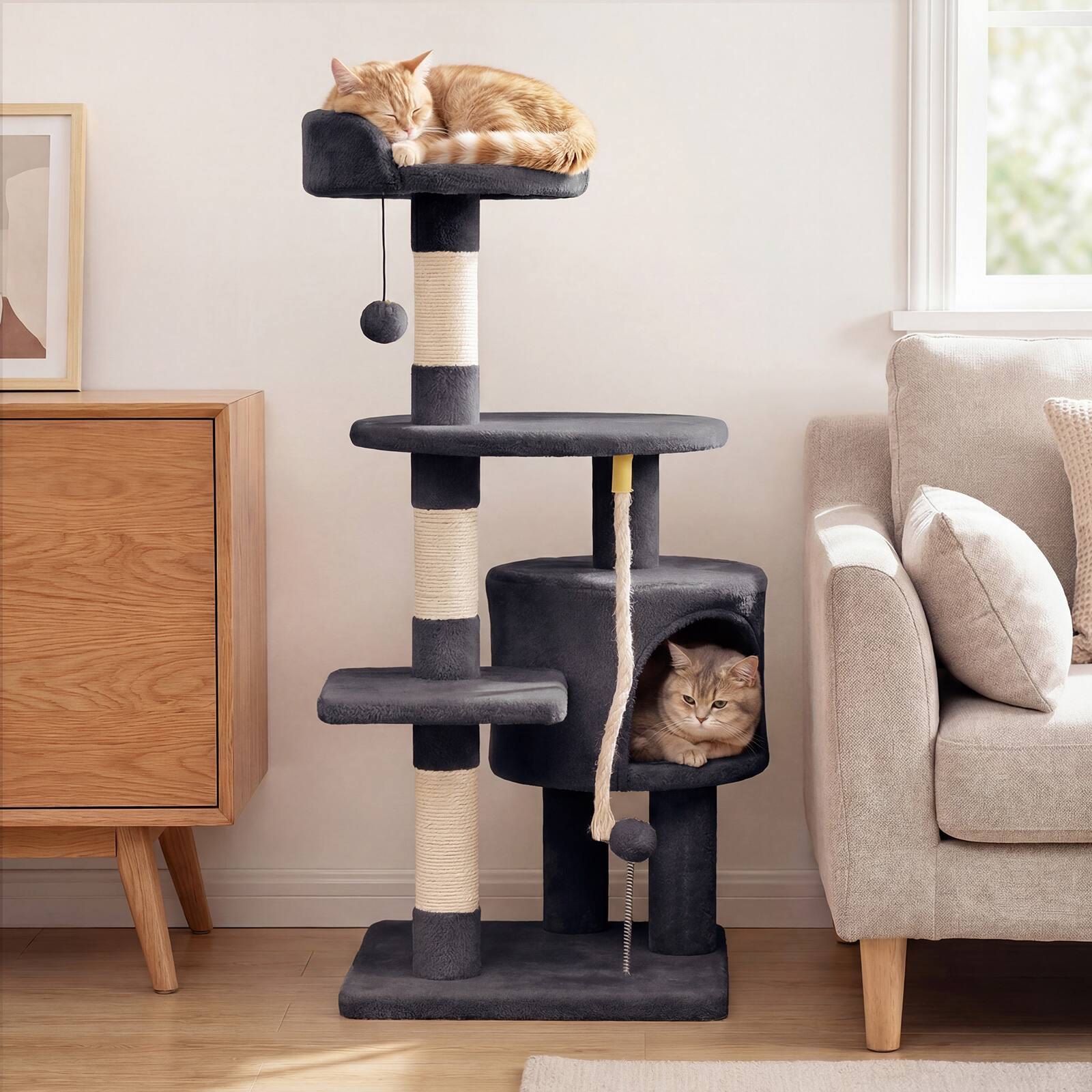 Alt View 3. Gymax - Gymax Cat Tree 36'' Cat Tower w/CondoTop Perch Sisal Scratching Posts & Hanging Rope Dark Gray.