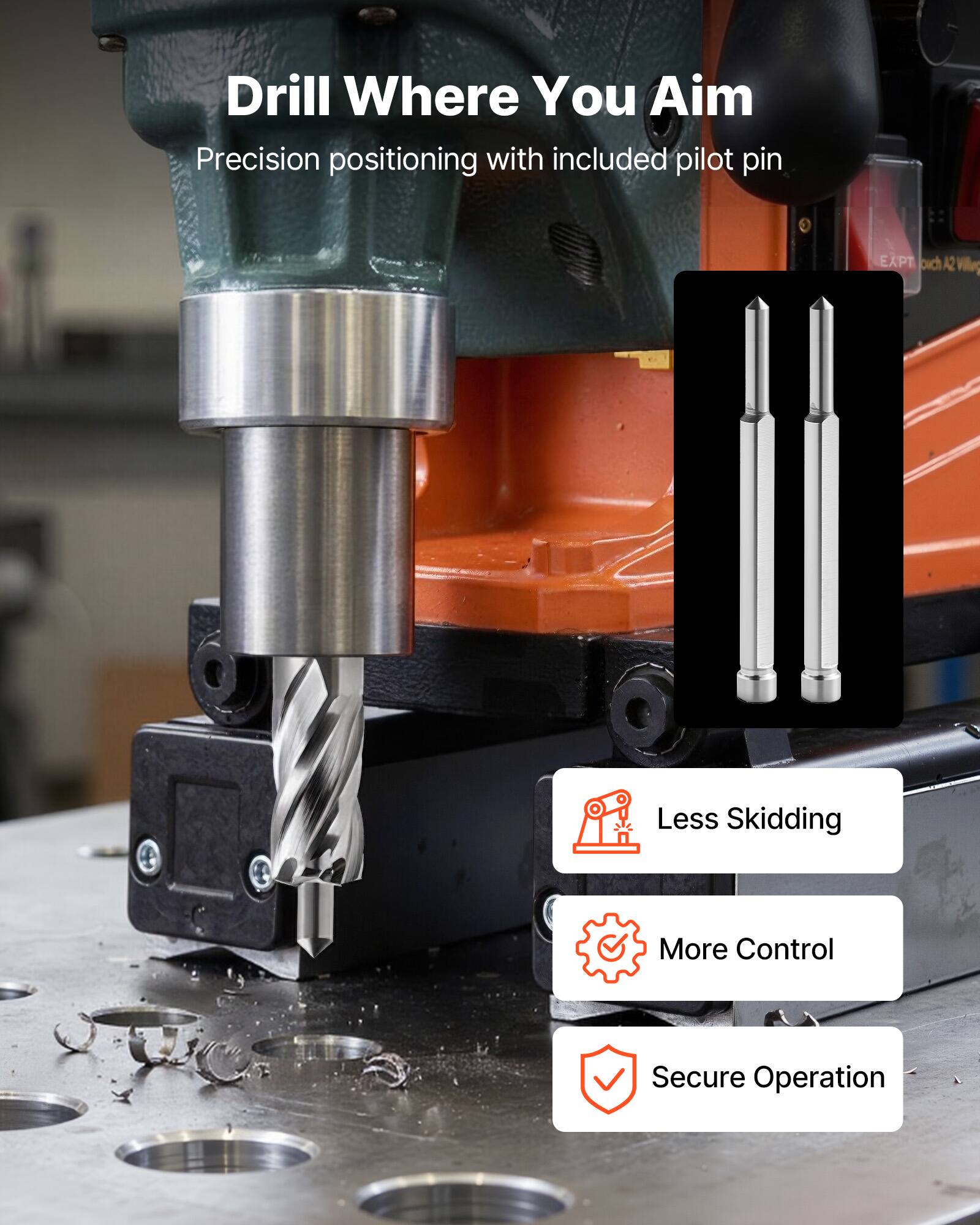 Drill Where You Aim  
Precision positioning with included pilot pin  

- Less Skidding  
- More Control  
- Secure Operation