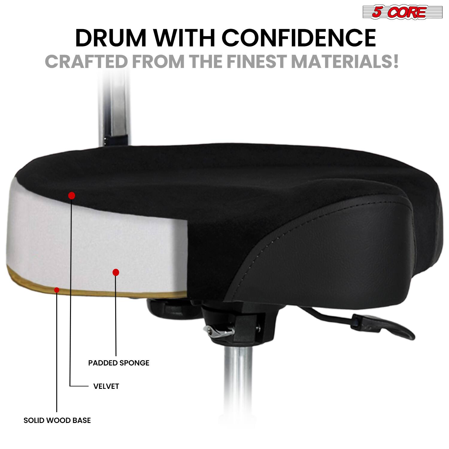 5 CORE DRUM WITH CONFIDENCE  
CRAFTED FROM THE FINEST MATERIALS!  

- SOLID WOOD BASE  
- PADDED SPONGE  
- VELVET