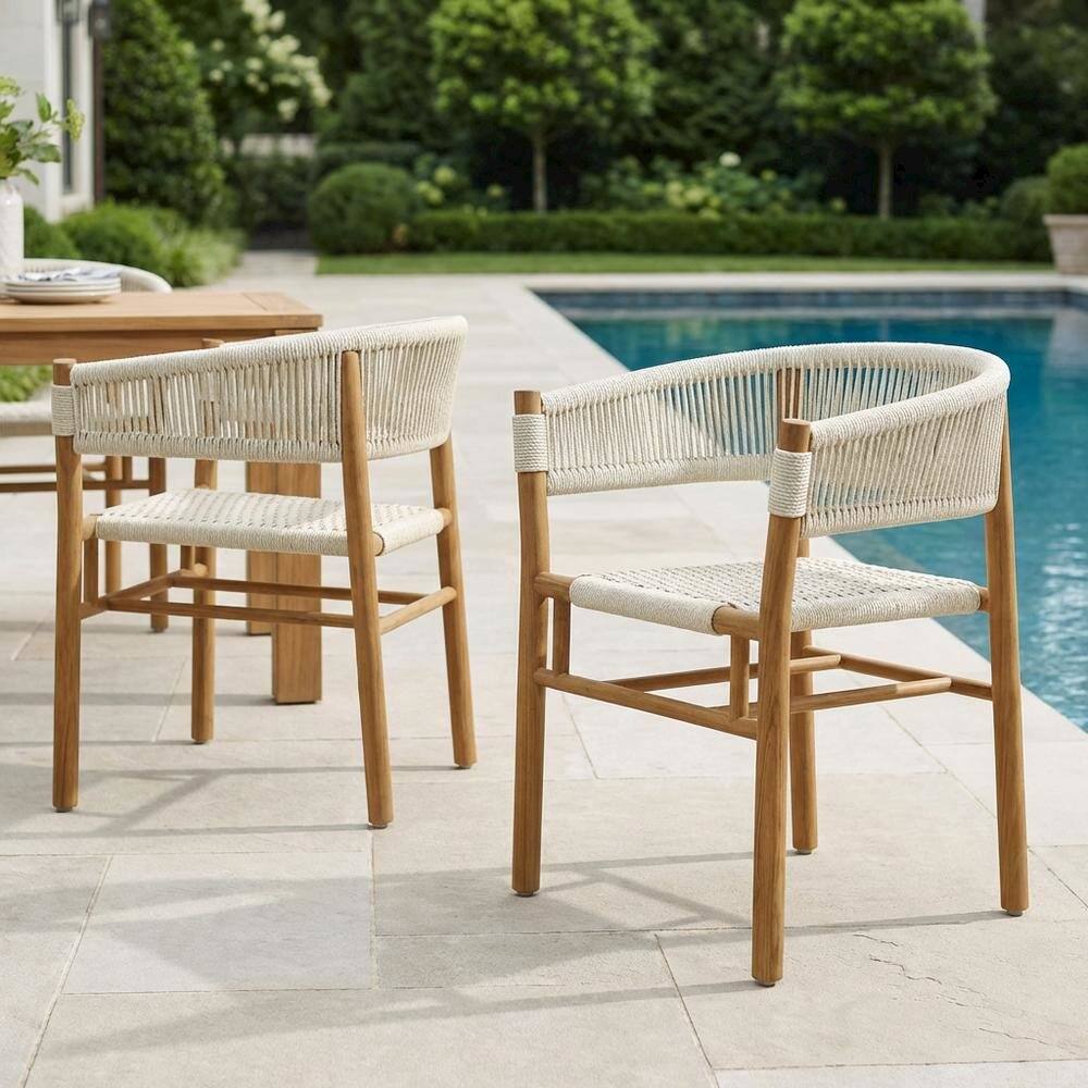 Left. Outdoor Escape - Outdoor Patio Teak, Curved-Back Dining Armchairs Set Of 2, Armrests, Stackable - Brown.