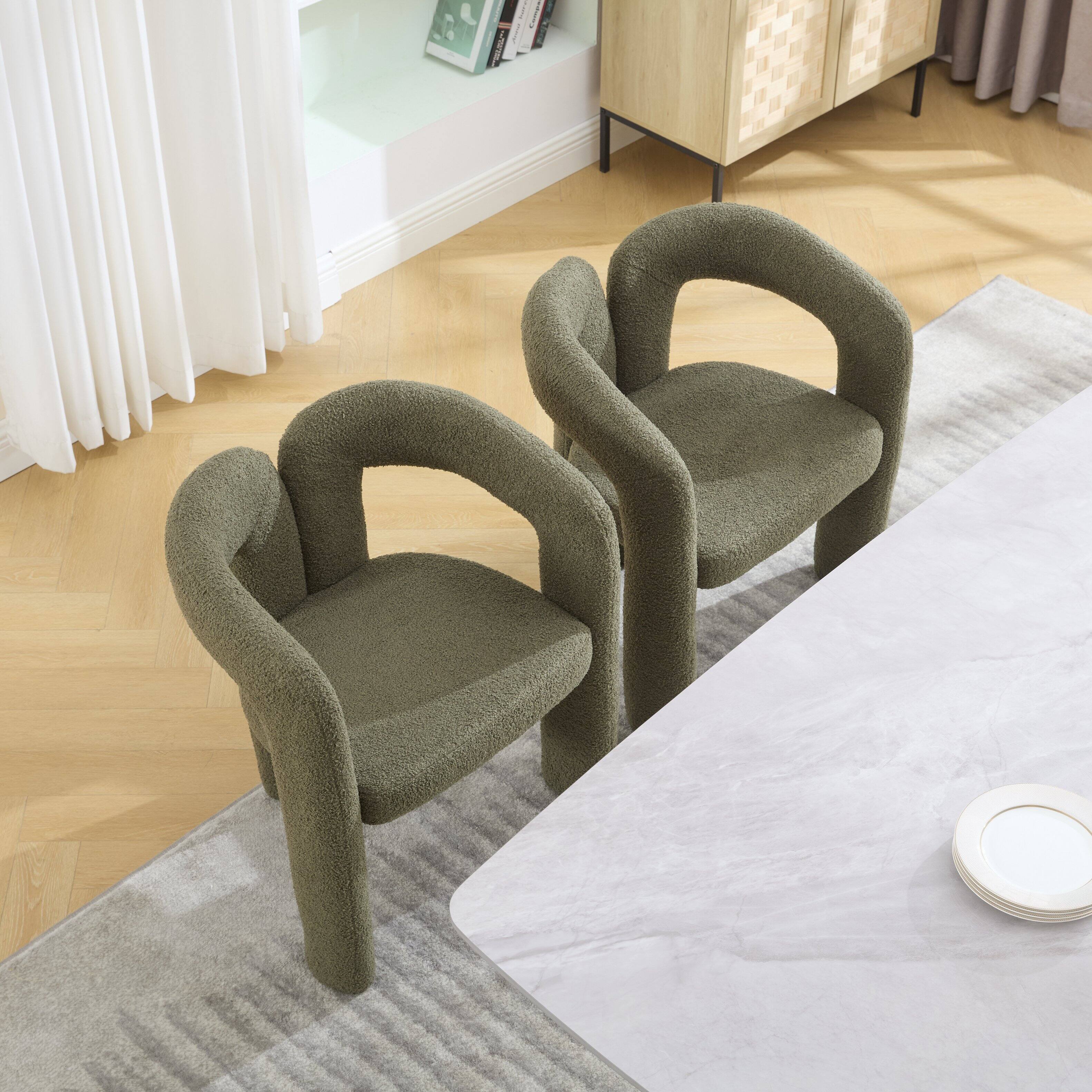 Left. Trinkets Crazed - Modern Barrel Dining Chairs Set of 2, Teddy Velvet Fabric Upholstered Kitchen  Accent Chairs with Arms/Open Back - Olive Green.