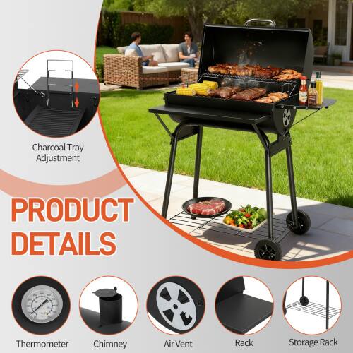 Charcoal Tray Adjustment

PRODUCT DETAILS

Thermometer  
Chimney  
Air Vent  
Rack  
Storage Rack