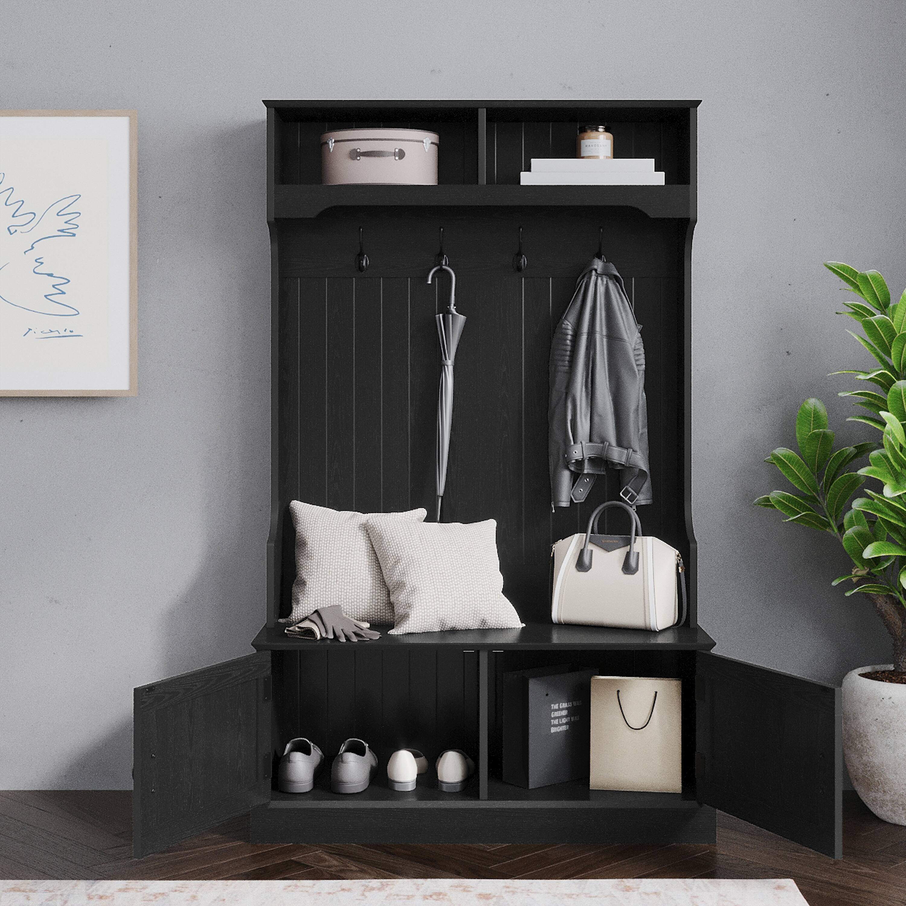 Alt View 3. Emma + Oliver - Lindy Hallway Tree with Storage Bench, Coat Hooks, and Upper Storage Compartments - Black.