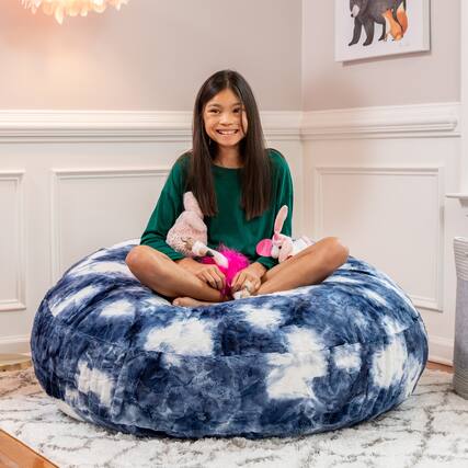 Front. Jaxx - Jaxx Cocoon 4 Foot Bean Bag Chair - Faux Fur, Blue & White Print - Faux Fur - Blue & White Print.
