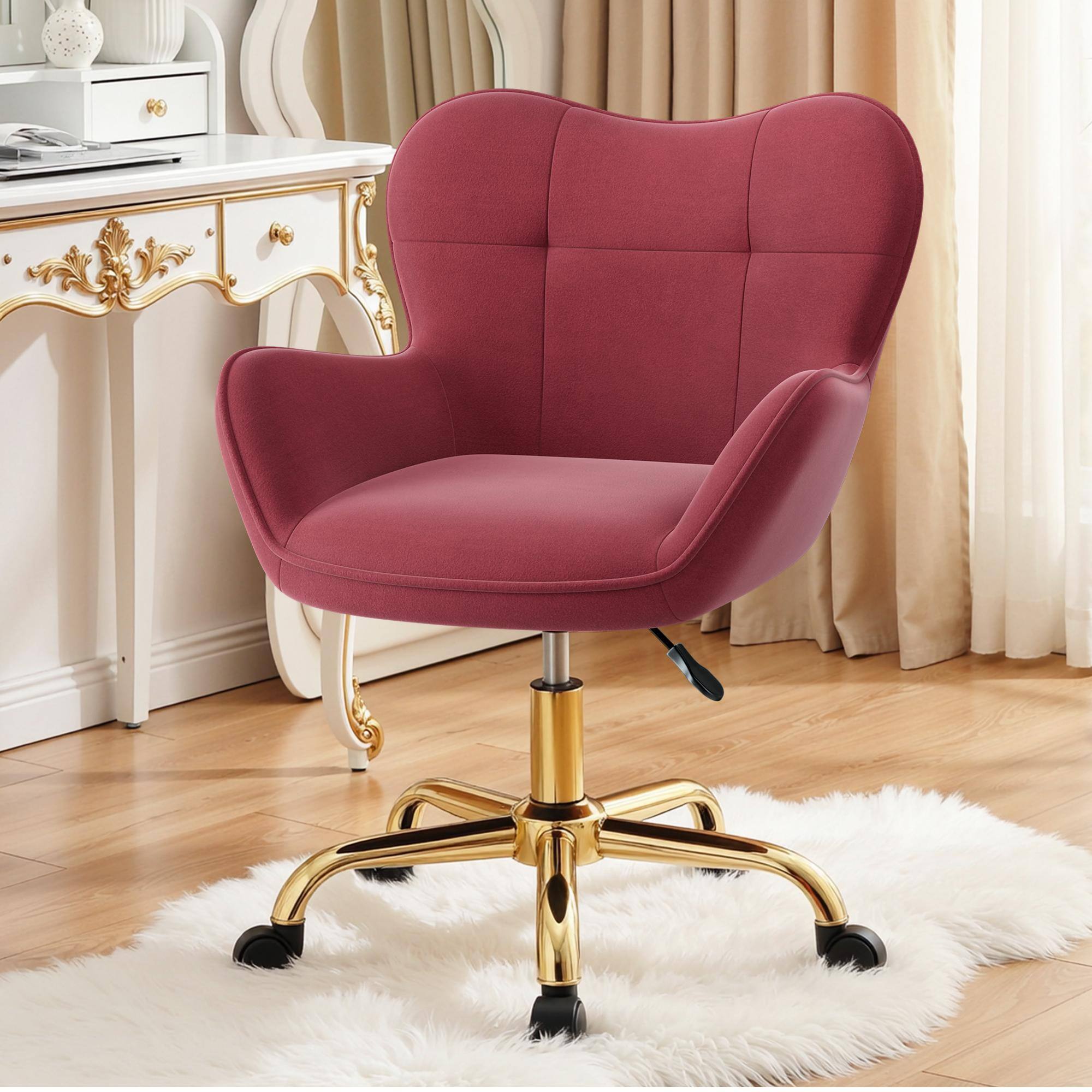 Front. KERDOM - Flower Vanity Chair with Back & Wheels, Swivel Dresser Chair Home Office Desk Chair for Girls, Fleece Cute Makeup Chair - Rose.