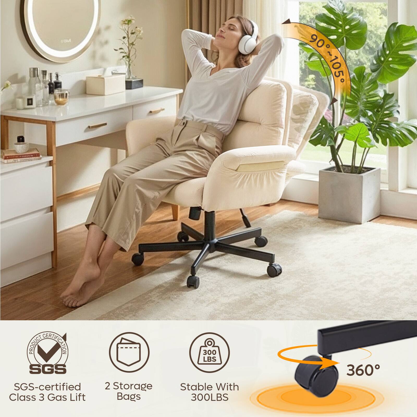 - SGS-certified Class 3 Gas Lift
- 2 Storage Bags
- Stable With 300LBS
- 360°
- 90°~105°