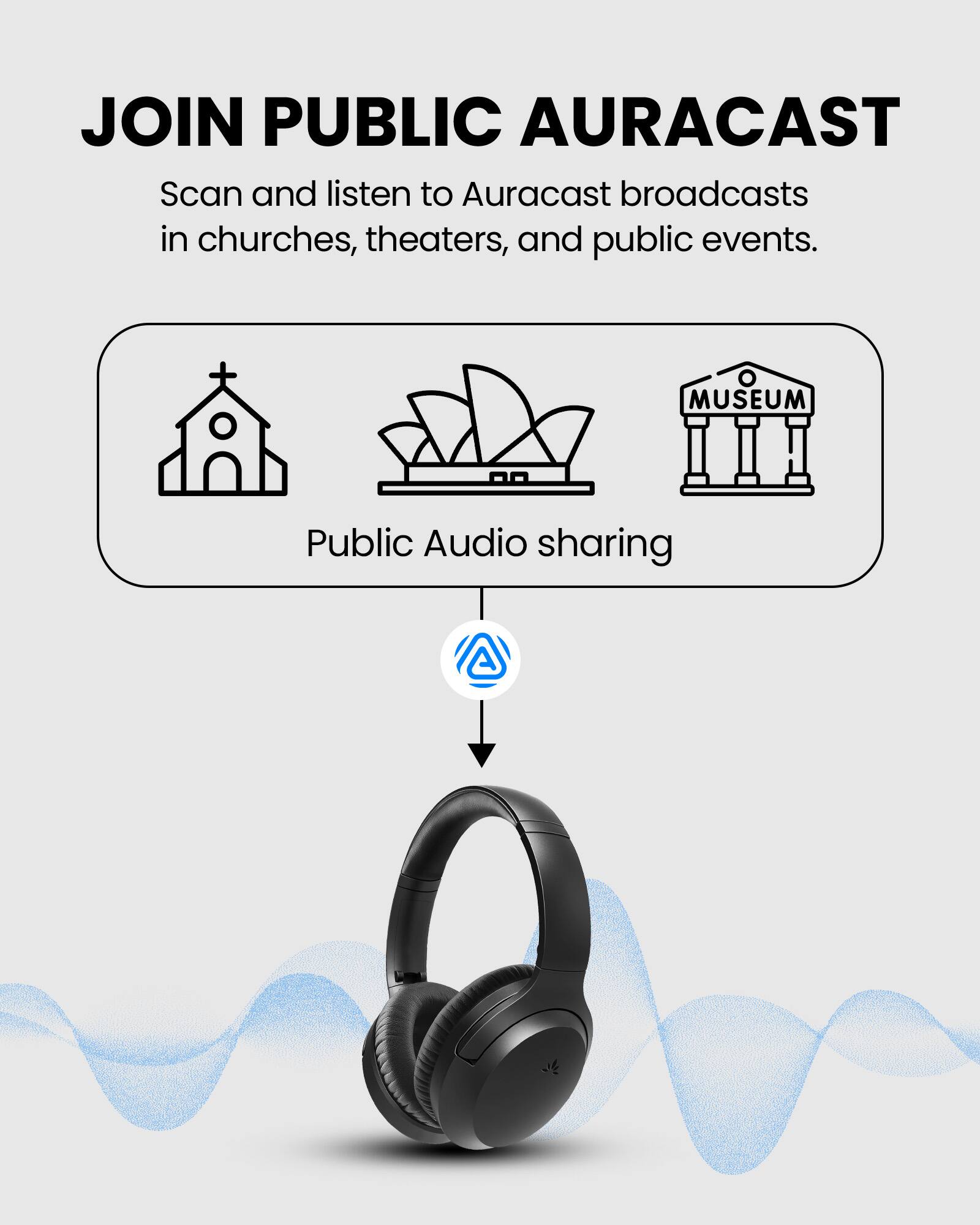 JOIN PUBLIC AURACAST  
Scan and listen to Auracast broadcasts in churches, theaters, and public events.  

Public Audio sharing