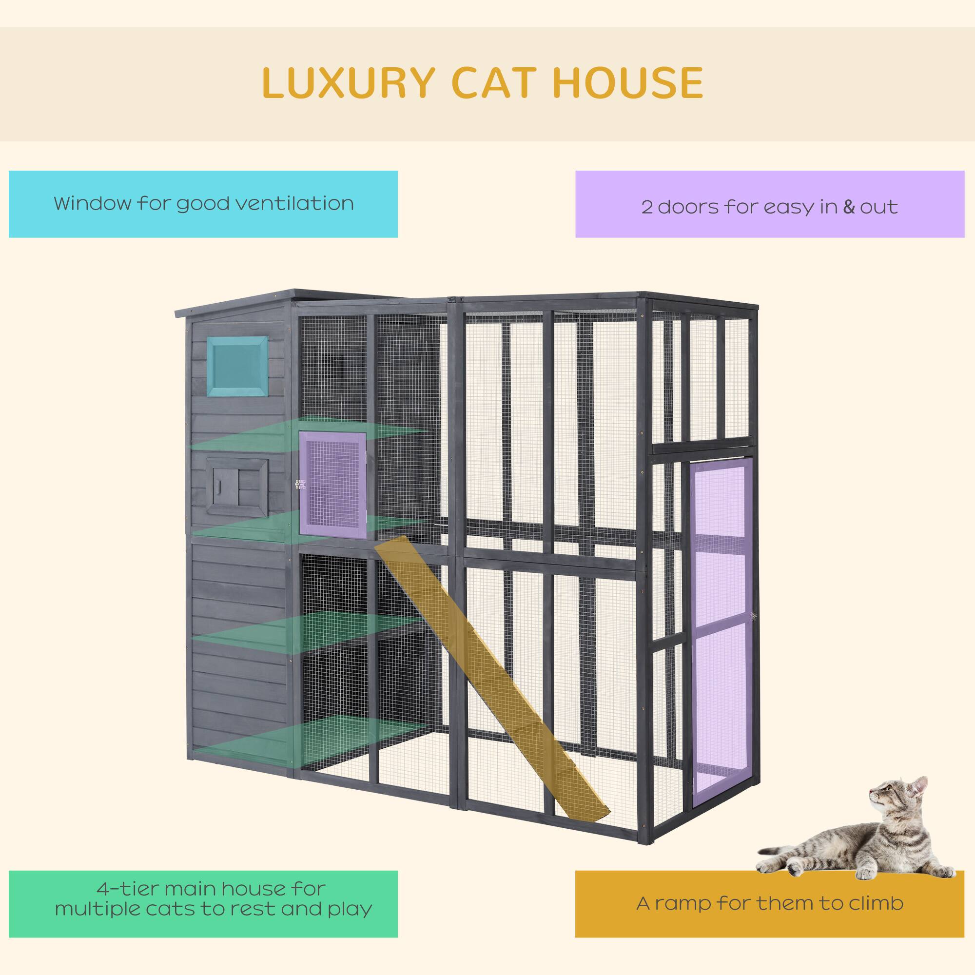 LUXURY CAT HOUSE

- Window for good ventilation
- 2 doors for easy in & out
- 4-tier main house for multiple cats to rest and play
- A ramp for them to climb