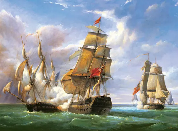 Front. Castorland - CASTORLAND 3000 Piece Jigsaw Puzzles, "Combat between the French and the English Vessels", Naval battle, C-300037-2 - Red.