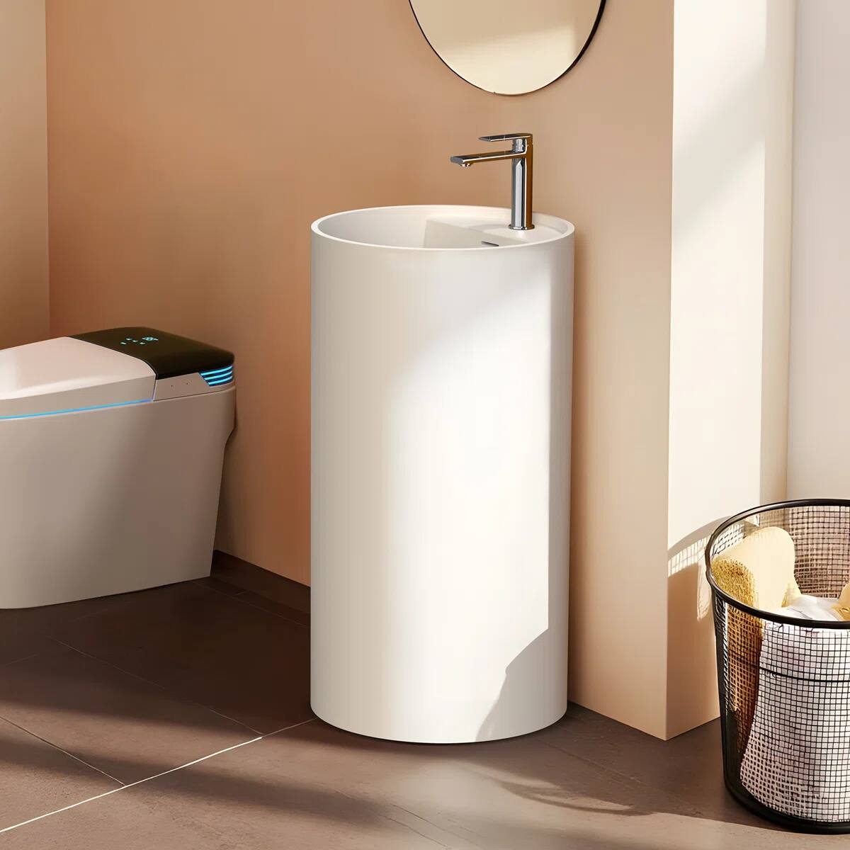 Angle. Koligey - 33.5'' Tall Solid Surface Circular Pedestal Bathroom Sink, Modern Pedestal Sink with Overflow - white.