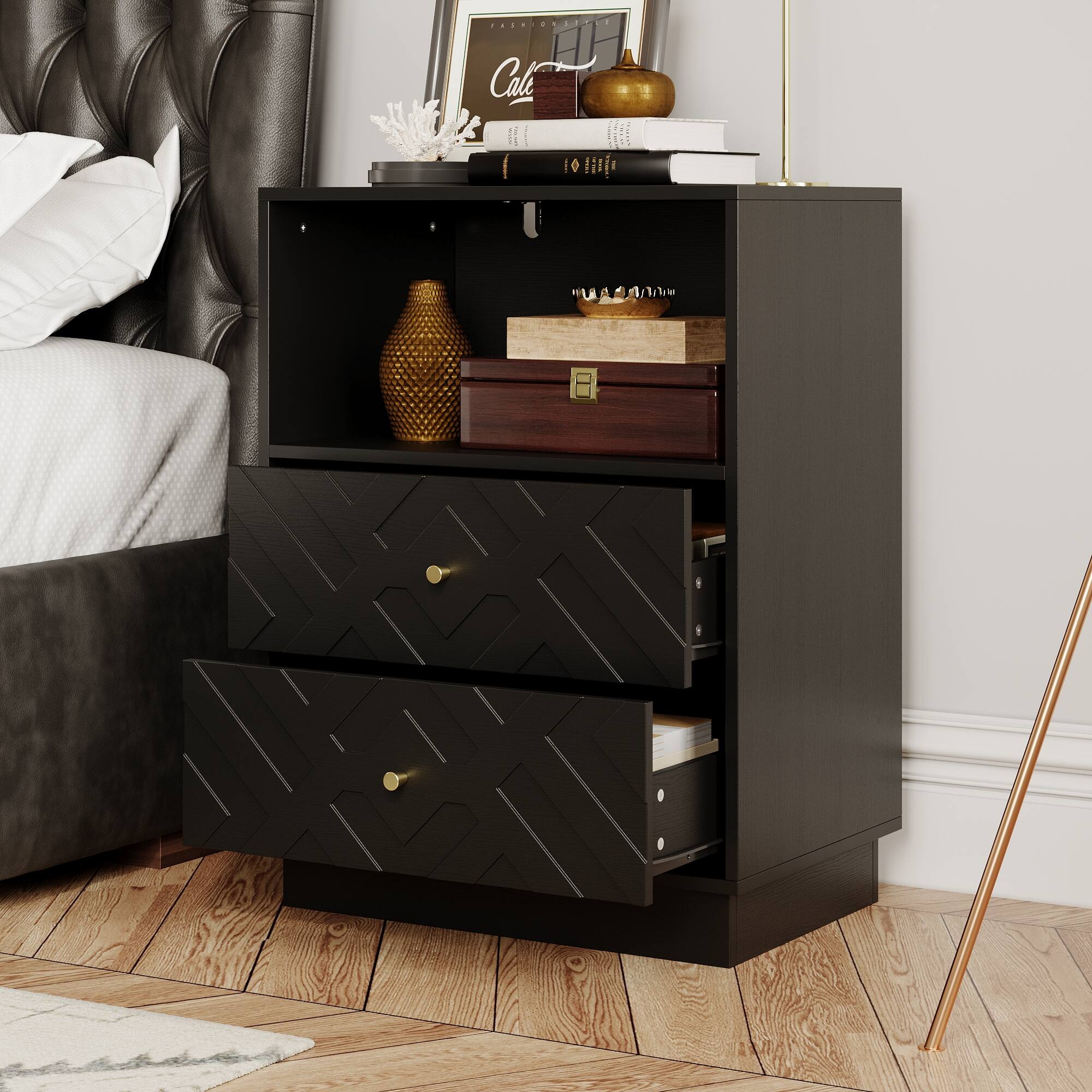Alt View 8. Famapy - Famapy Geometric - Pattern Nightstand – 2 Drawers with Silent Rails for Modern Spaces - Black.