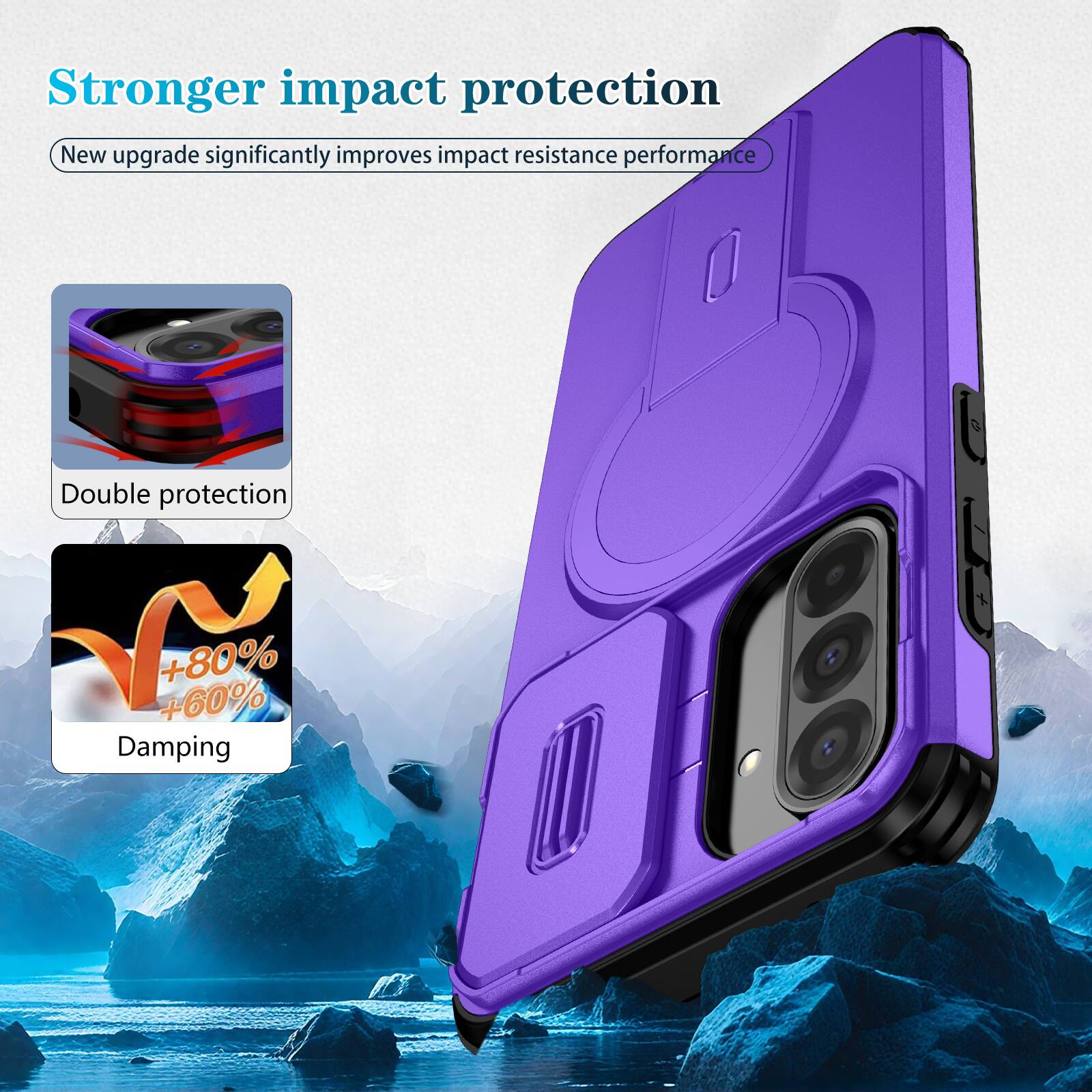 Stronger impact protection  
New upgrade significantly improves impact resistance performance  
Double protection  
+80% +60% Damping