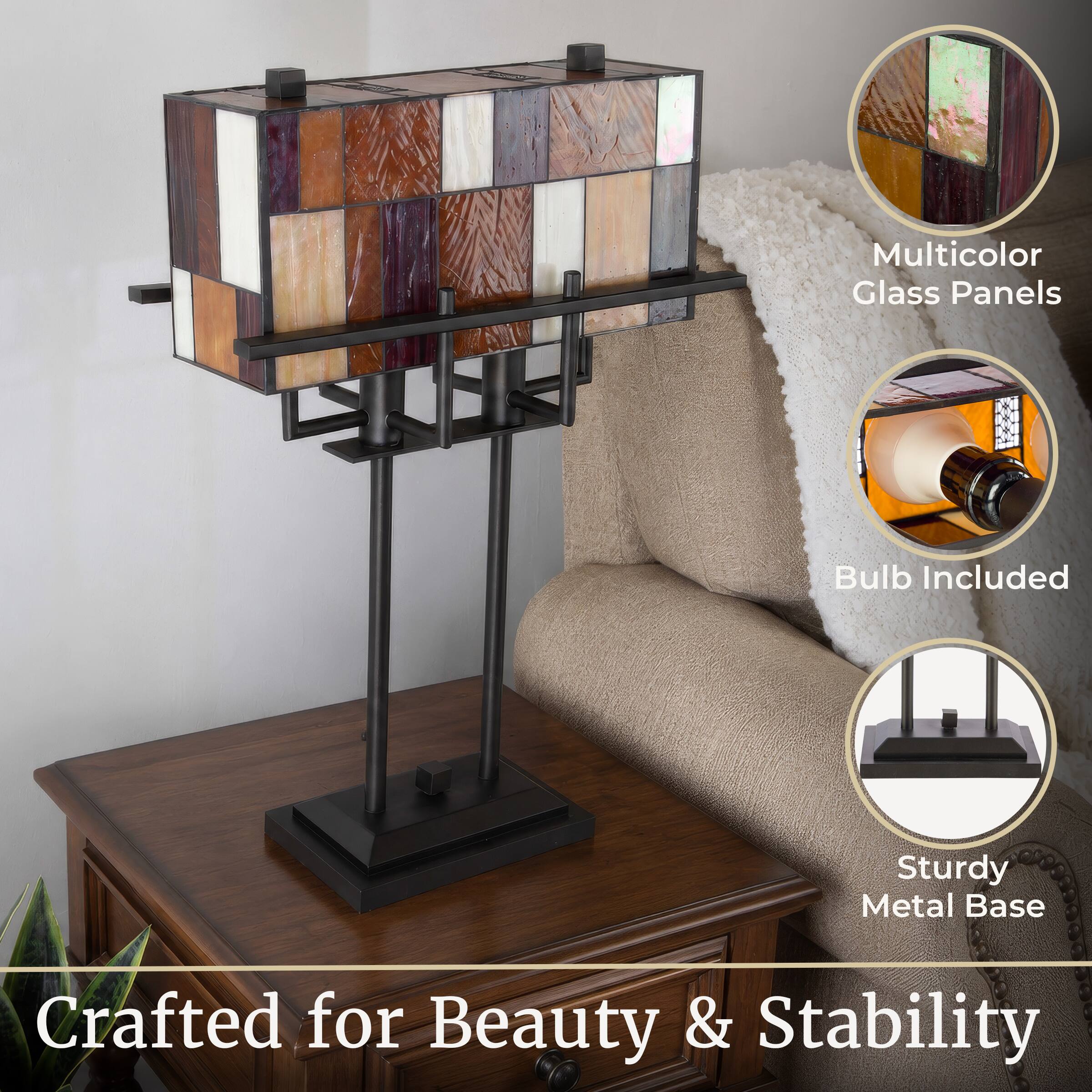 Multicolor Glass Panels  
Bulb Included  
Sturdy Metal Base  
Crafted for Beauty & Stability