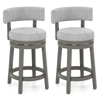 Front. Gymax - Gymax Set of 2 Upholstered Swivel Bar Stools Wooden Counter Height Kitchen Chairs Grey - Grey.