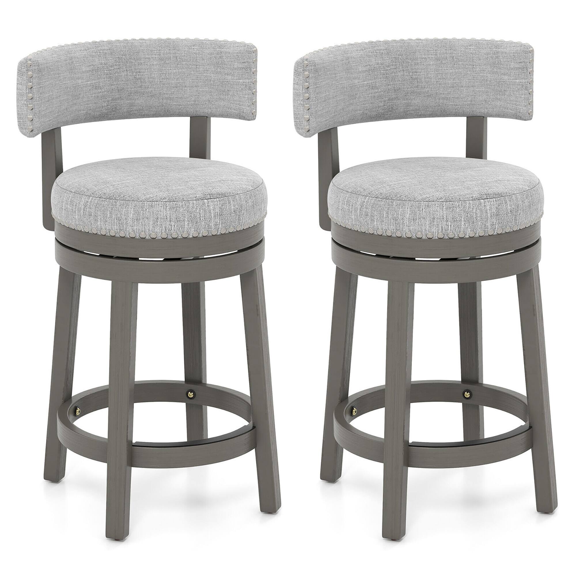 Front. Gymax - Gymax Set of 2 Upholstered Swivel Bar Stools Wooden Counter Height Kitchen Chairs Grey - Grey.