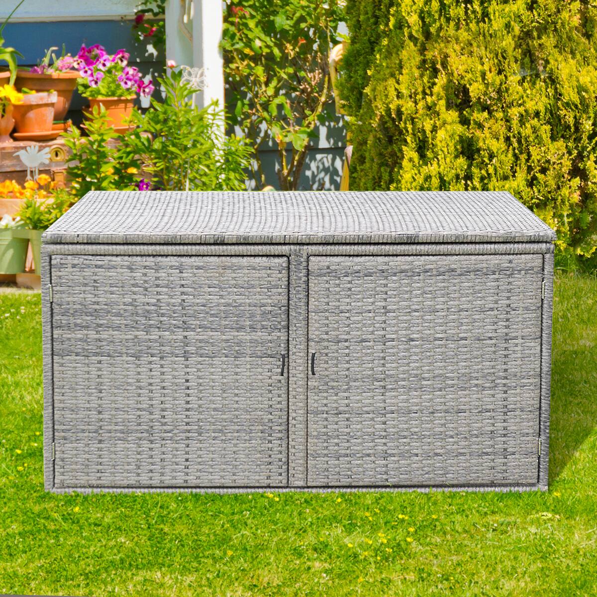 Alt View 4. Gymax - Gymax 88 Gallon Rattan Storage Box Outdoor Patio Container Seat w/ Shelf Door - Grey.