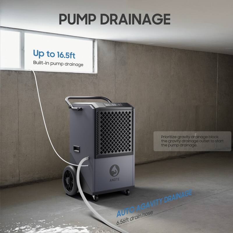 PUMP DRAINAGE

Up to 16.5ft  
Built-in pump drainage

Prioritize gravity drainage block the gravity drainage outlet to start the pump drainage.

AUTO AGAVITY DRAINAGE  
6.56ft drain hose