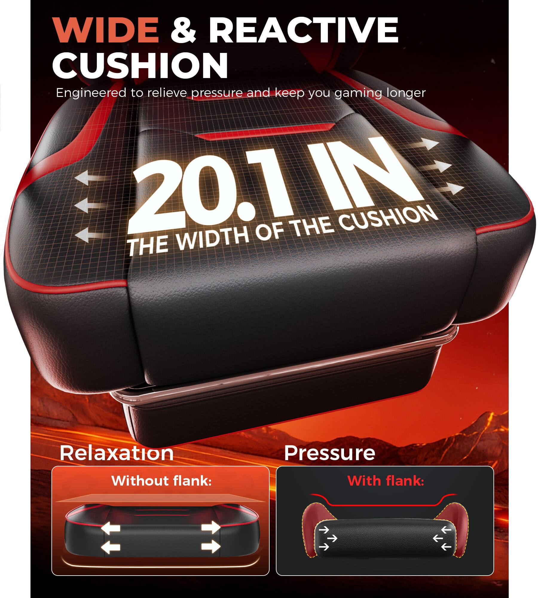 WIDE & REACTIVE CUSHION  
Engineered to relieve pressure and keep you gaming longer  

20.1 IN  
THE WIDTH OF THE CUSHION  

Relaxation  
Without flank:  

Pressure  
With flank: