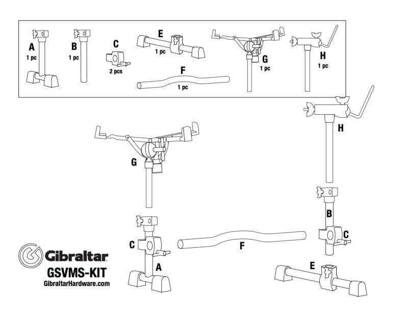 A 1 pc  
B 1 pc  
C 2 pcs  
D 1 pc  
E 1 pc  
F 1 pc  
G 1 pc  
H 1 pc  

Gibraltar GSVMS-KIT  
GibraltarHardware.com