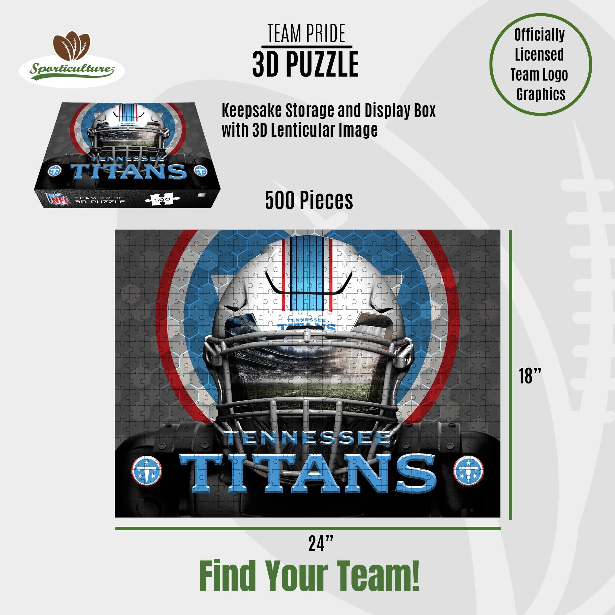 Sporticulture; TEAM PRIDE 3D PUZZLE Keepsake Storage and Display Box with 3D Lenticular Image Officially Licensed Team Logo Graphics TENNESSEE TITANS AL Teod a0.De NFL eOR O MURIIN 500 Pieces TENNESSEE 18" TENNESSEE TITANS 24" Find Your Team!