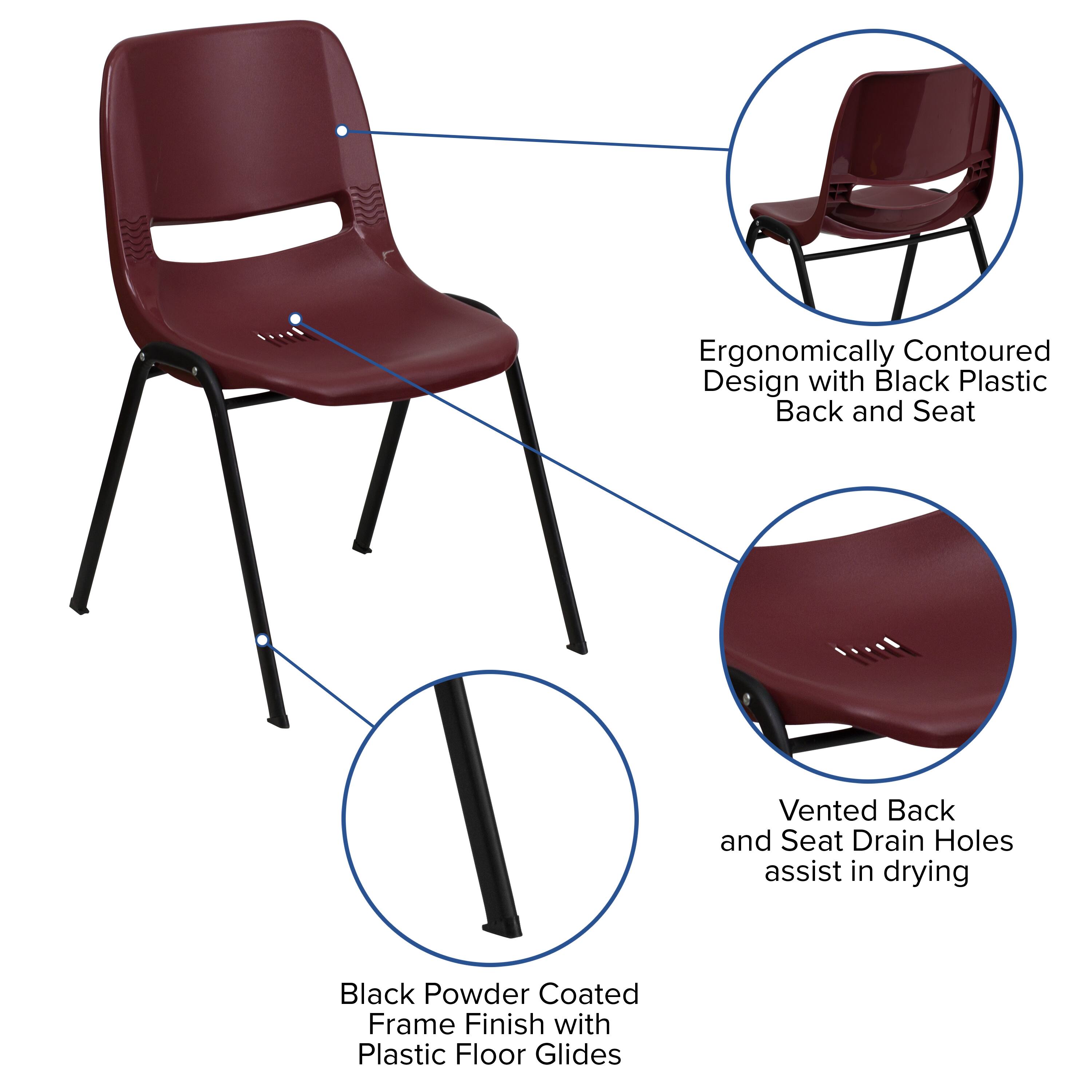 Ergonomically Contoured Design with Black Plastic Back and Seat  
Vented Back and Seat Drain Holes assist in drying  
Black Powder Coated Frame Finish with Plastic Floor Glides