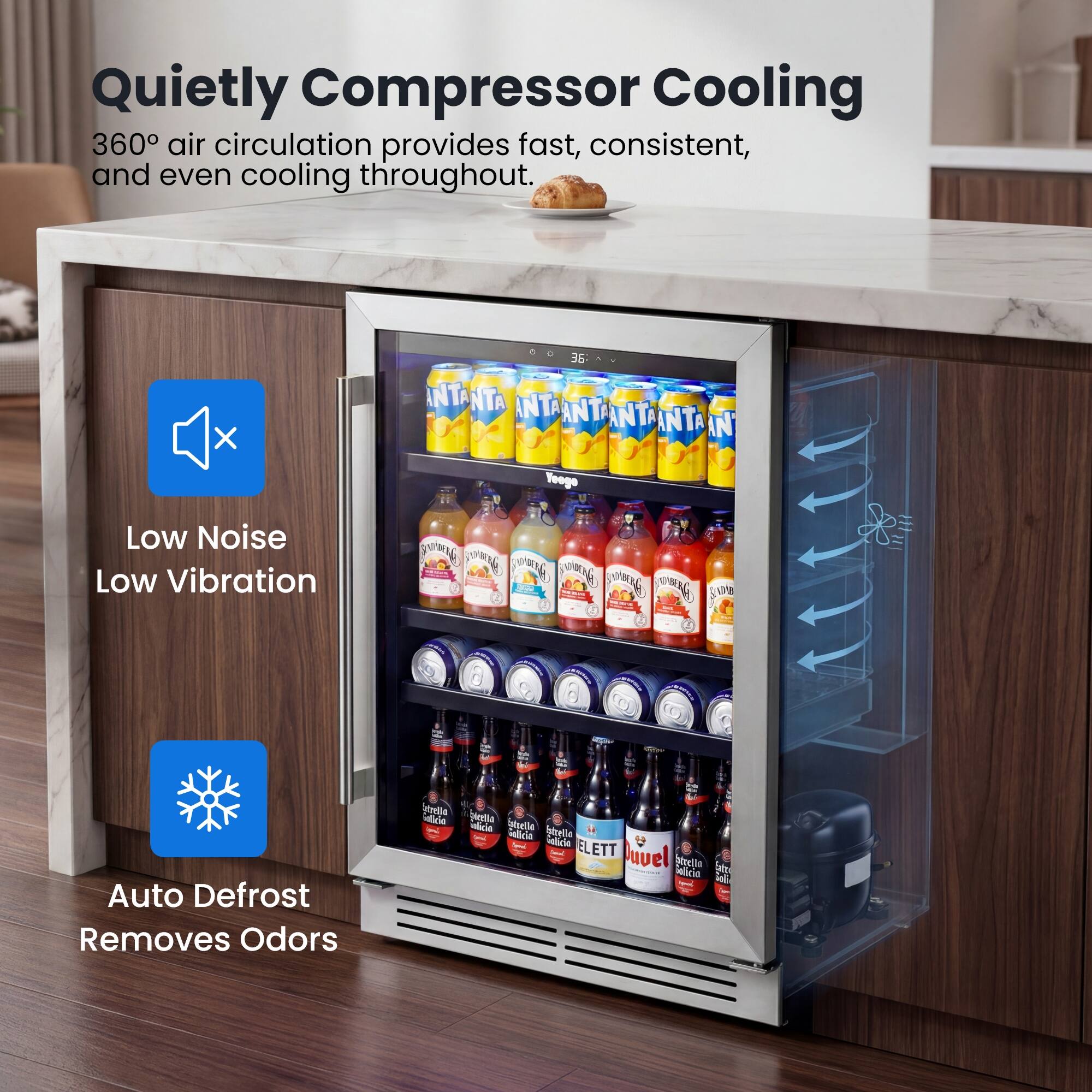 Quietly Compressor Cooling  
360° air circulation provides fast, consistent, and even cooling throughout.  

Low Noise  
Low Vibration  

Auto Defrost  
Removes Odors