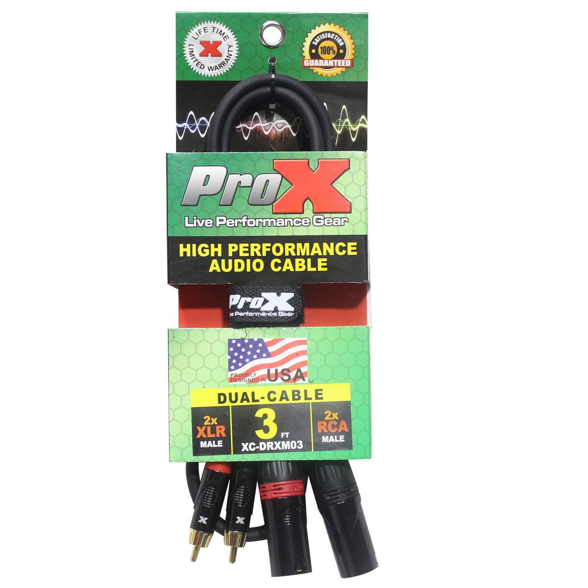 LIFE TIME LIMITED WARRANTY  
CONTRACT 100% GUARANTEED  
Pro X Live Performance Gear  
HIGH PERFORMANCE AUDIO CABLE  
Pro X Performance Gear  
PROUDLY USA DESIGNED  
DUAL-CABLE  
2x XLR MALE  
2x RCA MALE  
3 FT  
XC-DRXM03