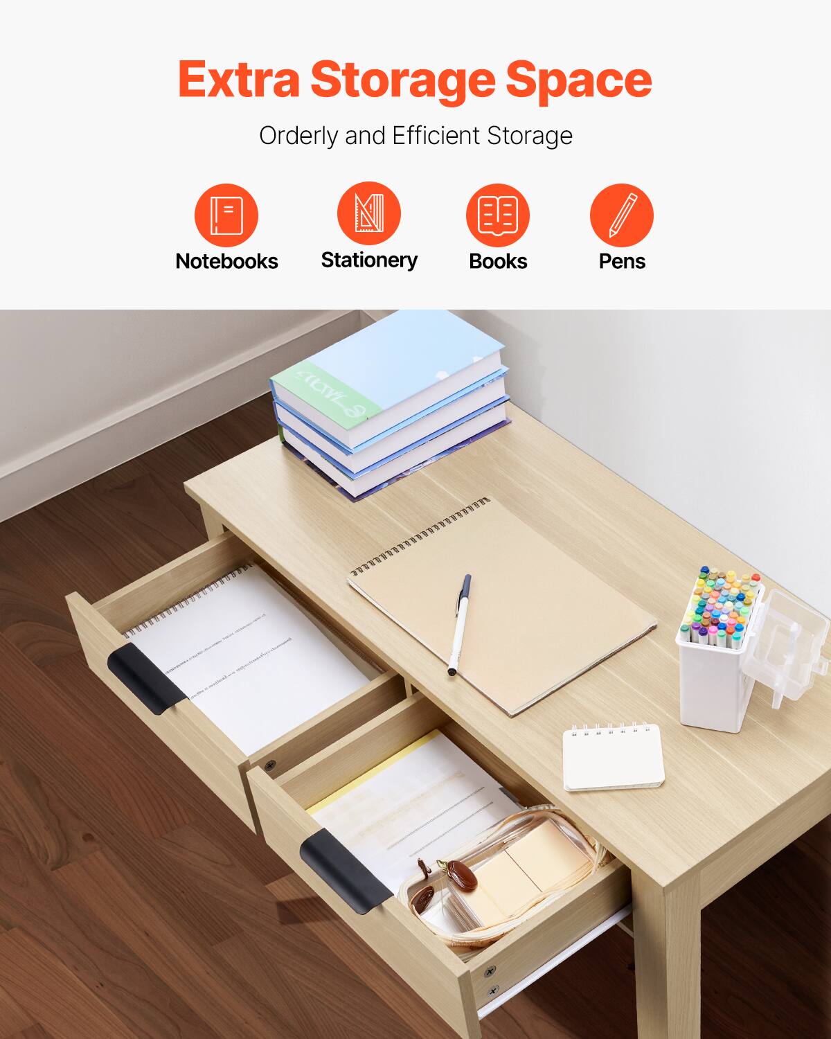 Extra Storage Space  
Orderly and Efficient Storage  

- Notebooks  
- Stationery  
- Books  
- Pens
