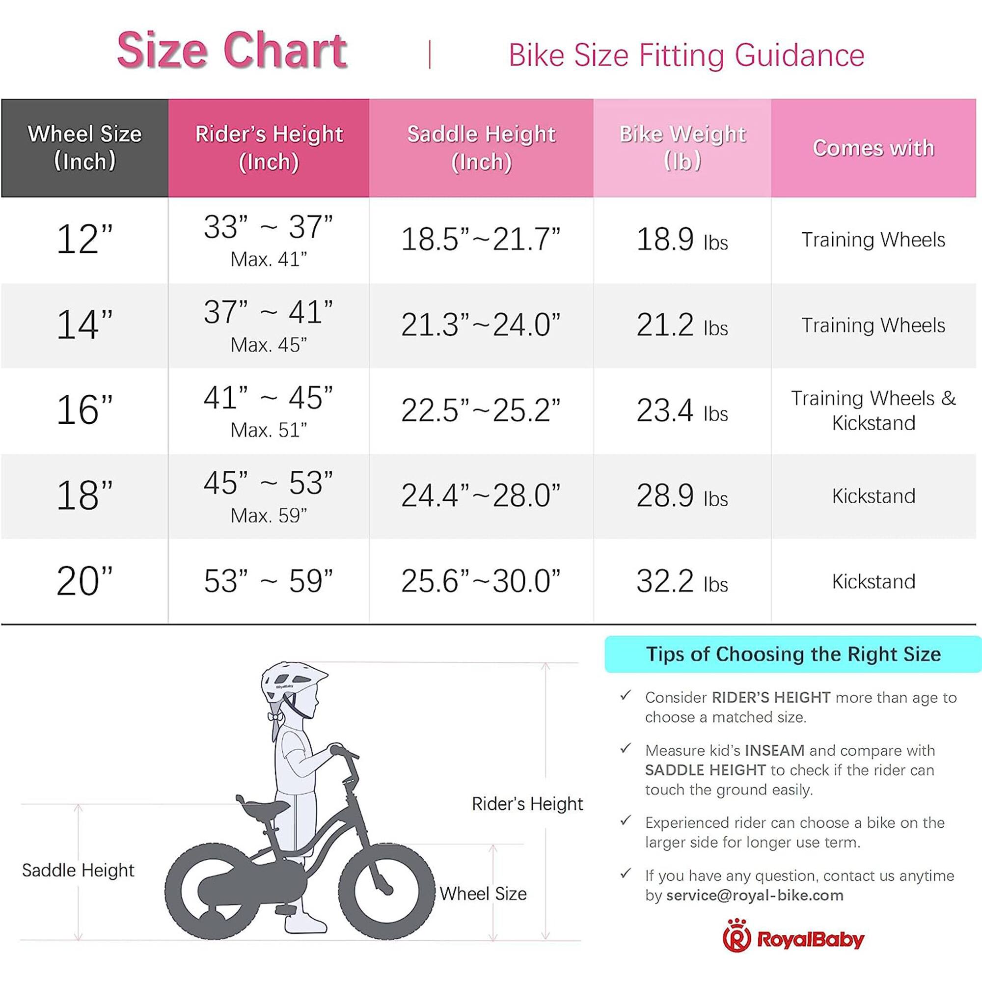 **Size Chart**

| Wheel Size (Inch) | Rider's Height (Inch) | Saddle Height (Inch) | Bike Weight (lb) | Comes with |
|------------------|----------------------|---------------------|-----------------|------------|
| 12"              | 33" ~ 37" Max. 41"     | 18.5"~21.7"          | 18.9 lbs        | Training Wheels |
| 14"              | 37" ~ 41" Max. 45"     | 21.3"~24.0"          | 21.2 lbs        | Training Wheels |
| 16"              | 41" ~ 45" Max. 51"     | 22.5"~25.2"          | 23.4 lbs        | Training Wheels & Kickstand |
| 18"              | 45" ~ 53" Max. 59"     | 24.4"~28.0"          | 28.9 lbs        | Kickstand |
| 20"