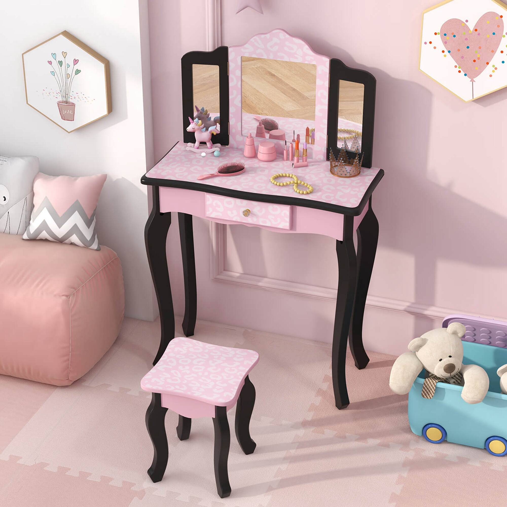 Alt View 3. Costway - Costway Kids Vanity Set Toddler Makeup Table & Stool with Tri-folding Mirror Drawer - Pink,Black.