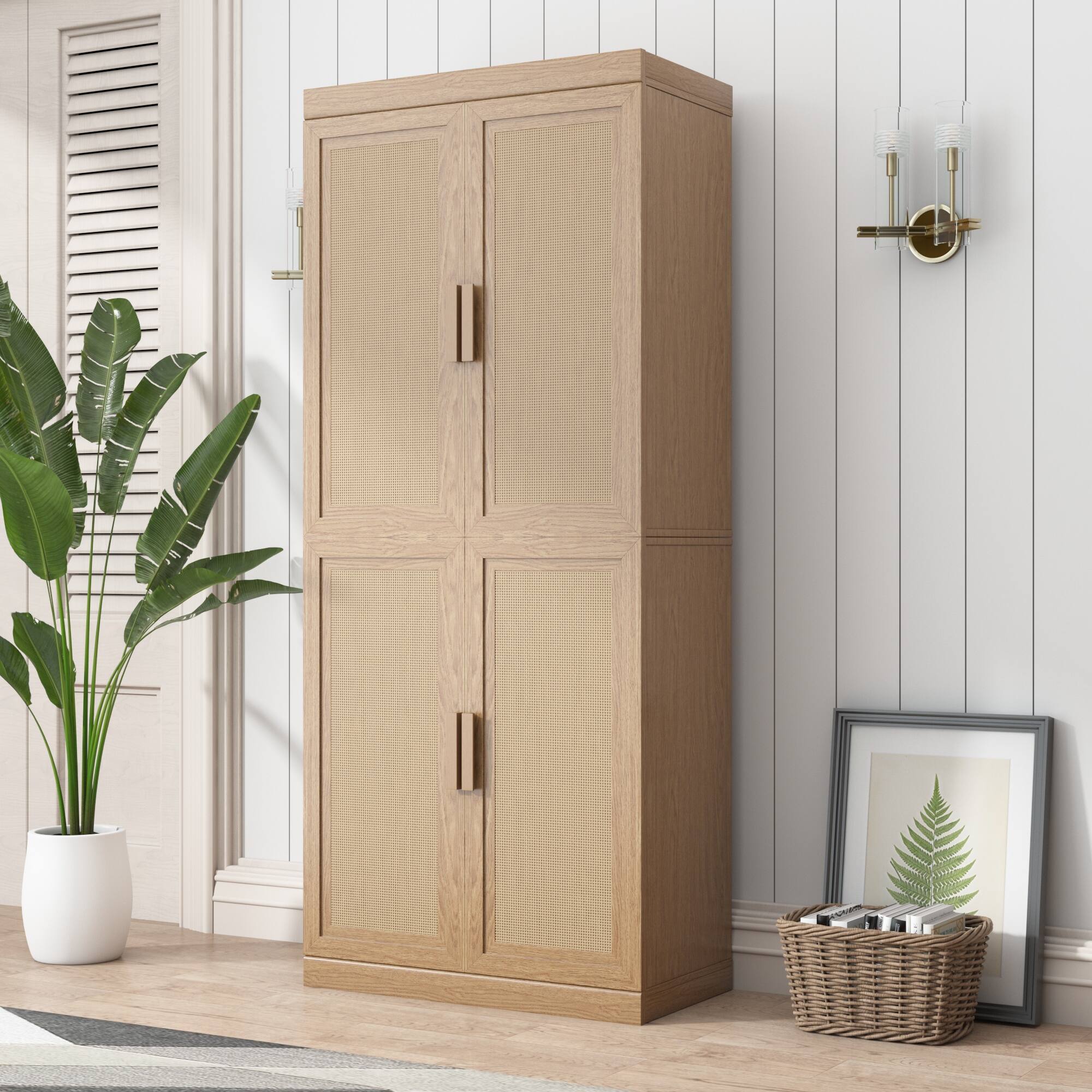 Alt View 3. PexFix - Farmhouse Buffet Sideboard, 36" Solid Wood Storage Cabinet with Woven Doors and 2 Adjustable Shelves for Entryway - Natural.