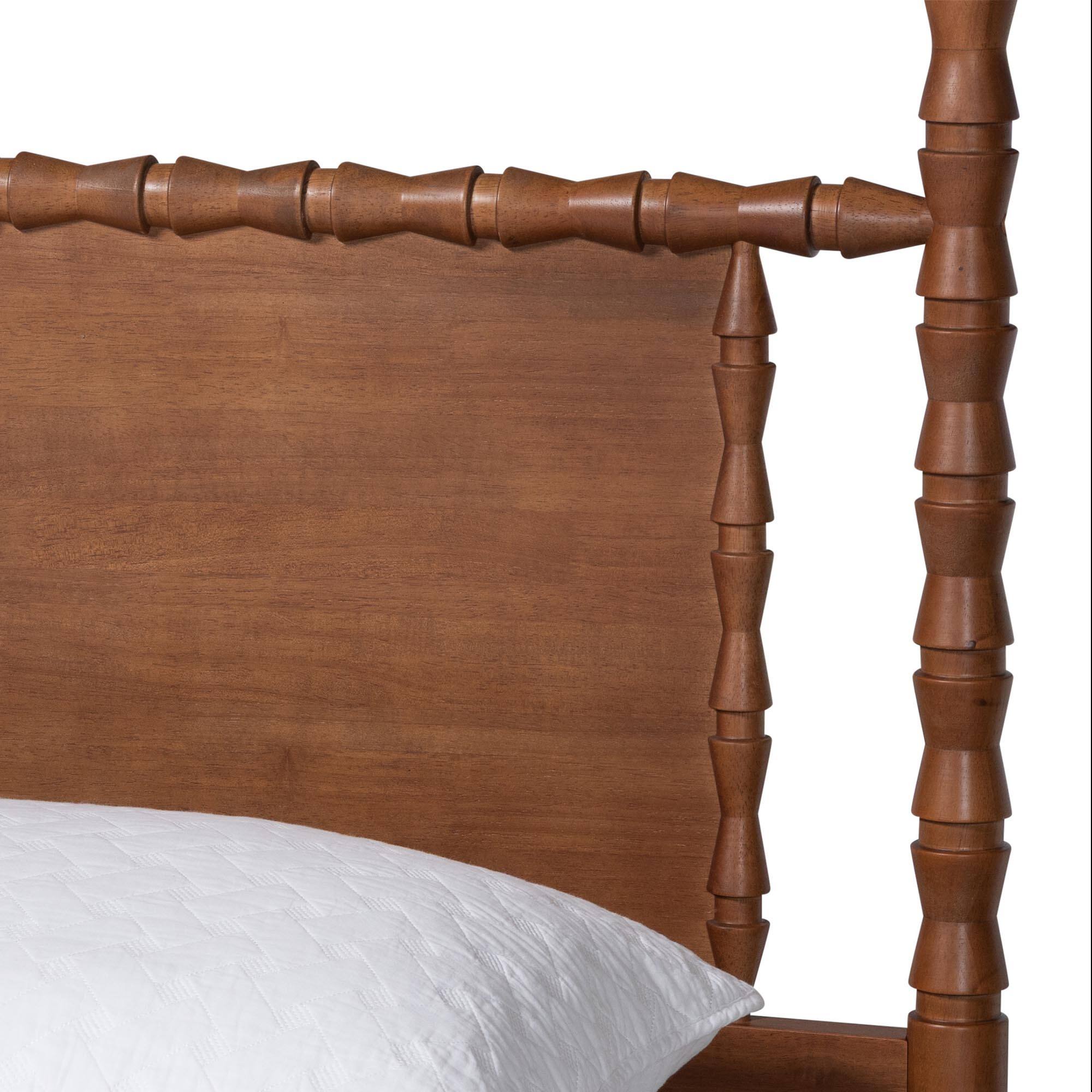 Back. Baxton Studio - Danette Bobbin Wood Canopy Bed, Queen - Walnut Brown.