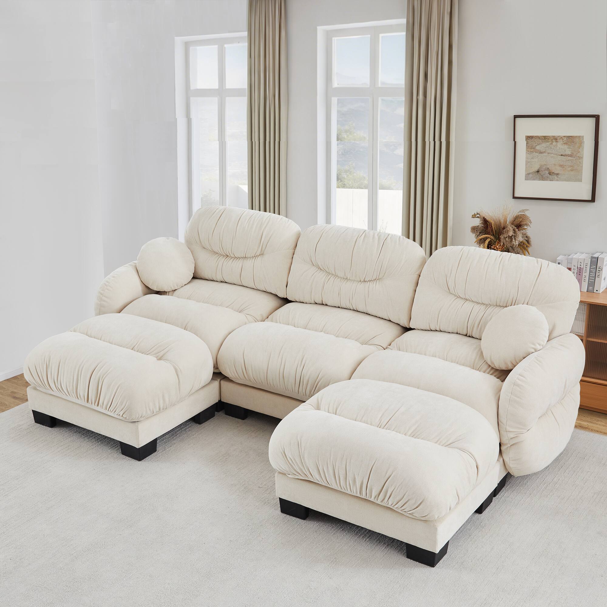 Left. Anysun - 3-Seater U Shape Sectional Couch with 2 Ottomans, Chenille Fabric, High-Density Foam & Curved Armrests for Living Room - Beige.