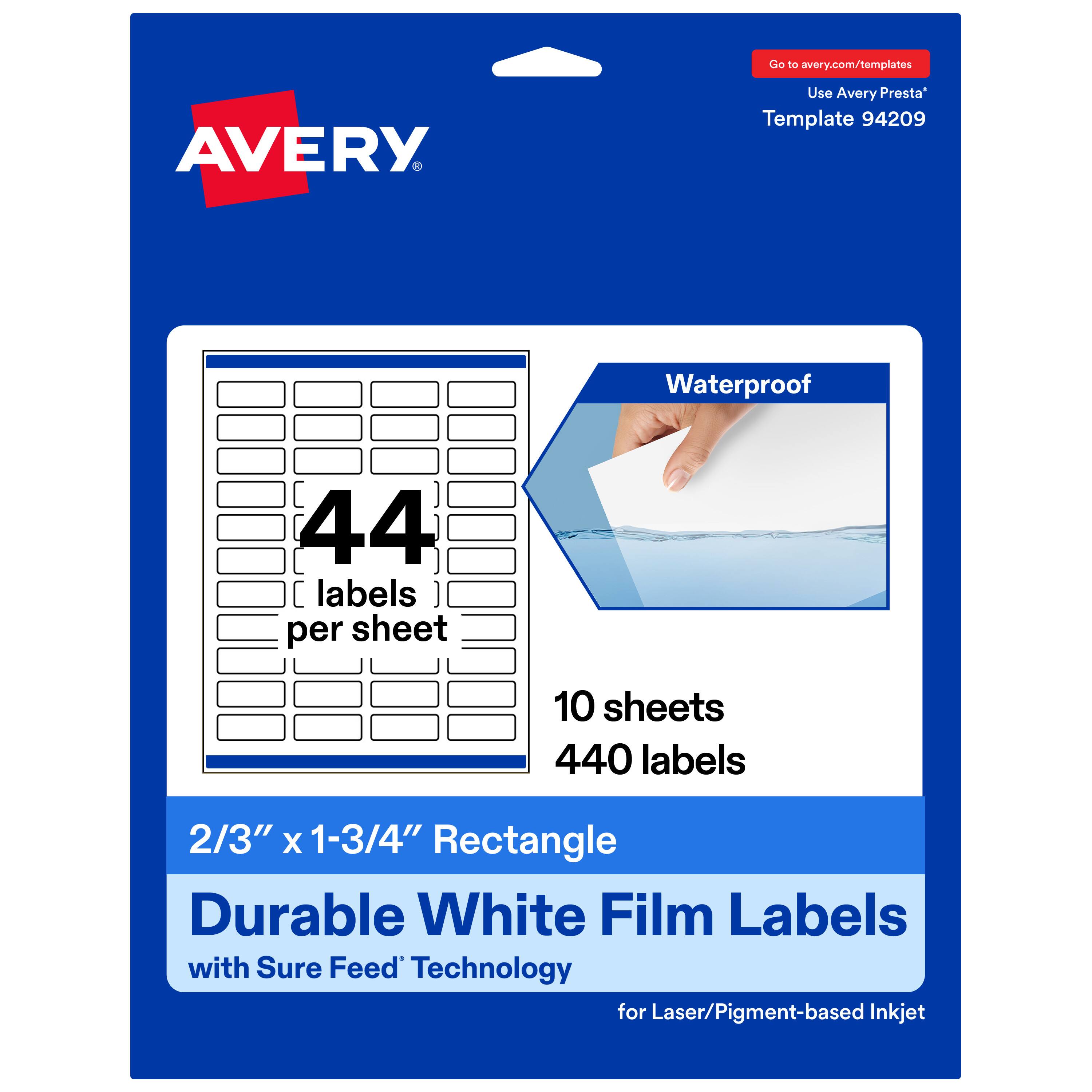 Go to avery.com/templates  
Use Avery Presta™ Template 94209  

Waterproof  
44 labels per sheet  
10 sheets  
440 labels  

2/3" x 1-3/4" Rectangle  
Durable White Film Labels with Sure Feed™ Technology for Laser/Pigment-based Inkjet