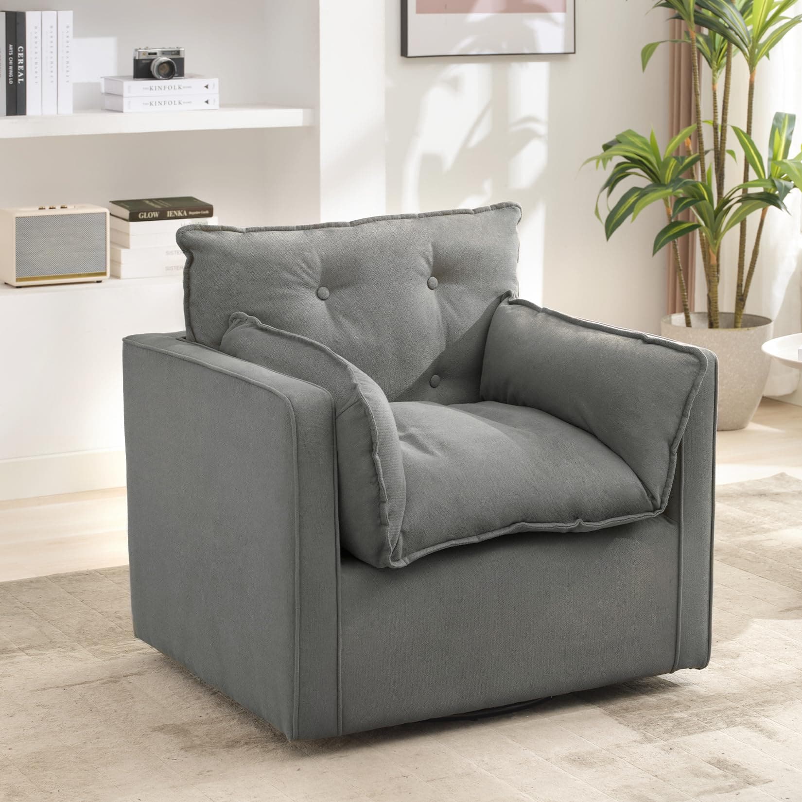Jojoka - Uphosltered 360° Swivel Accent Armchair, Oversized Single Sofa Chair, Square Couch Chair with Thick Cushion - Gray