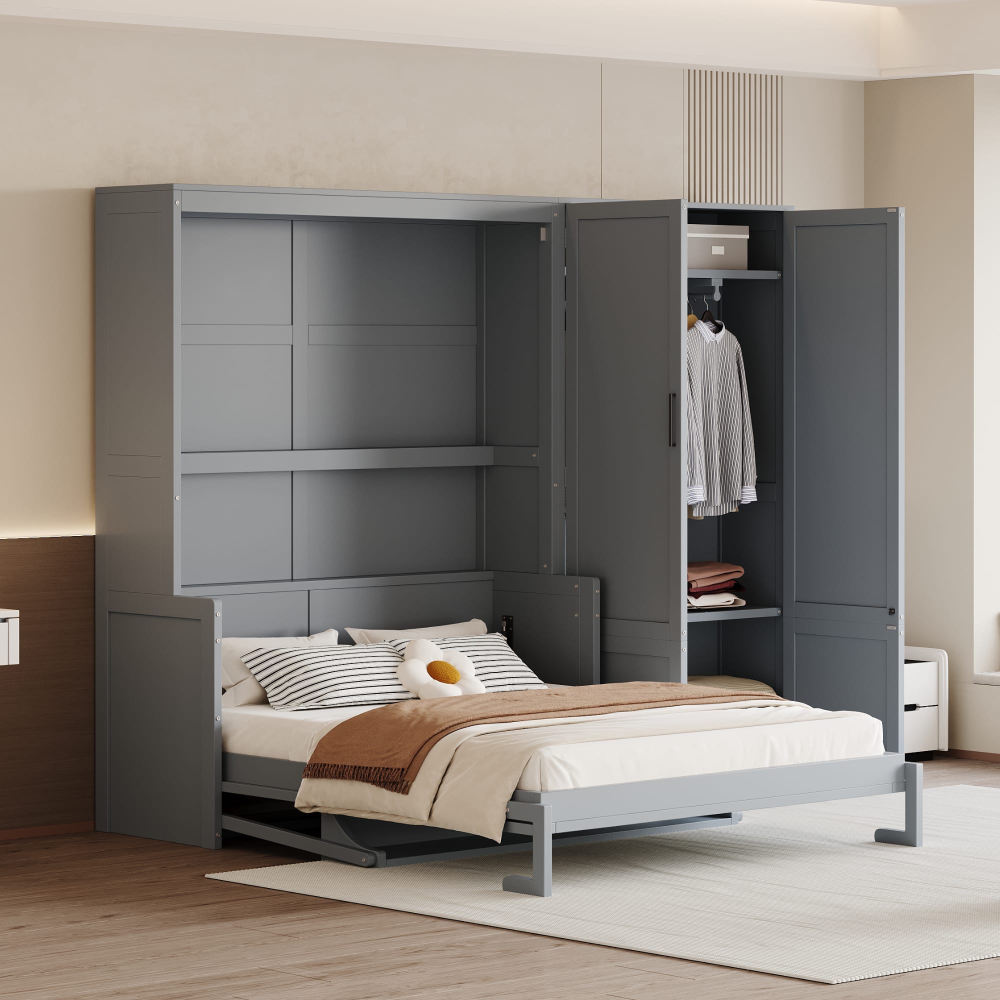 Tiramisubest - Queen Size Murphy Bed with Closet, Gray, 117x85x87 inches, 362 lbs, Space-Saving - Gray