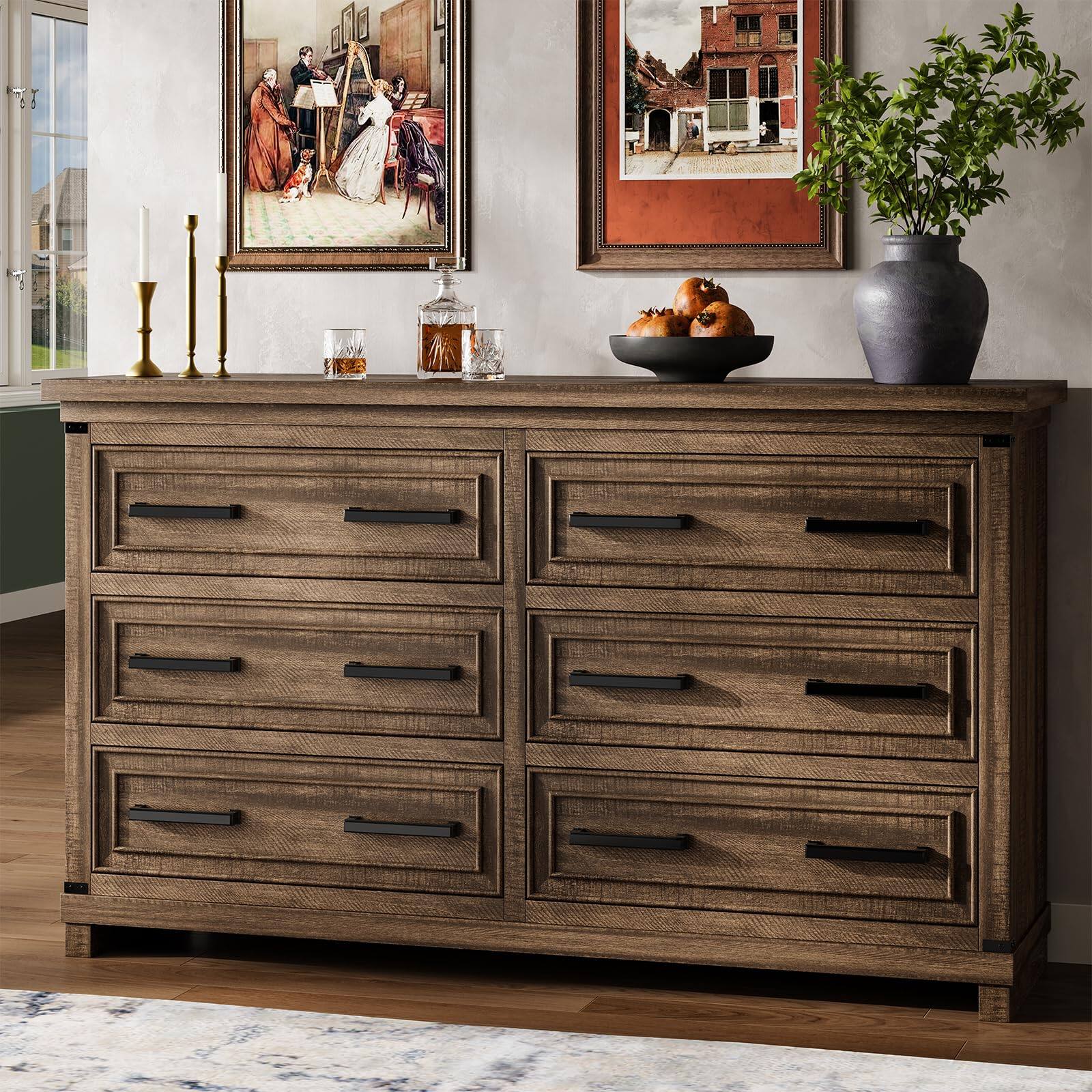 Babevy Farmhouse 6 Drawer Dresser for Bedroom, Rustic Wood Chest with ...
