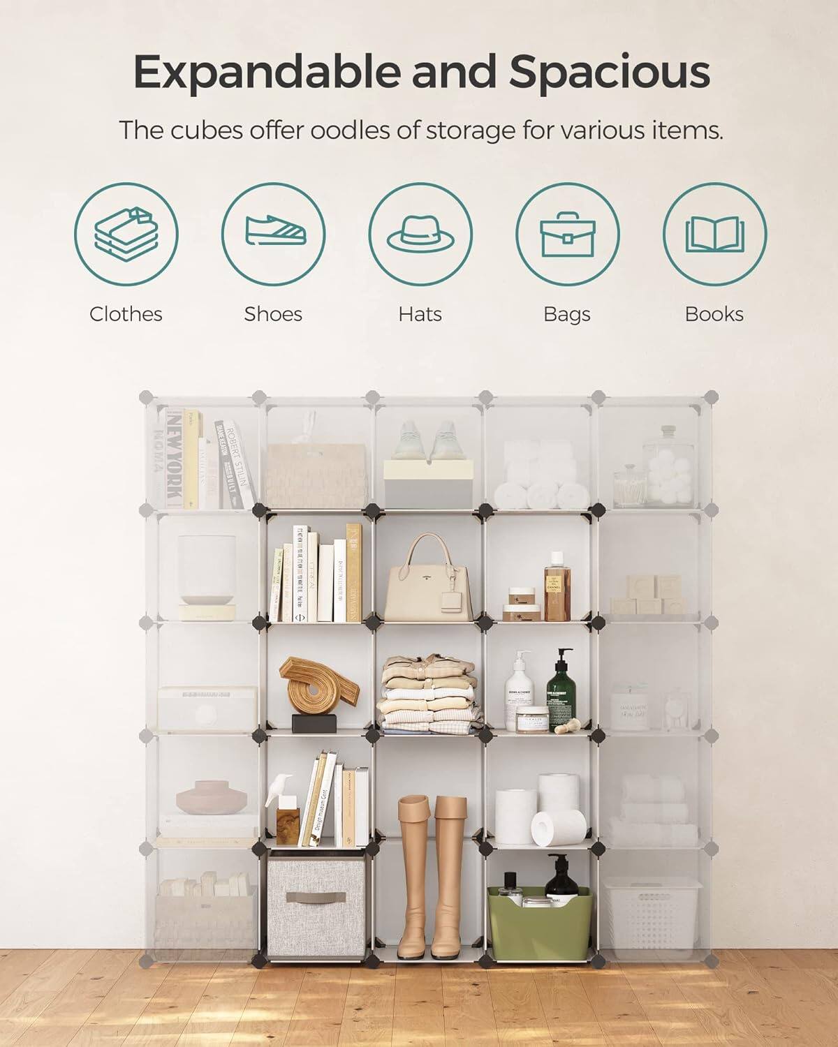Expandable and Spacious

The cubes offer oodles of storage for various items.

- Clothes
- Shoes
- Hats
- Bags
- Books