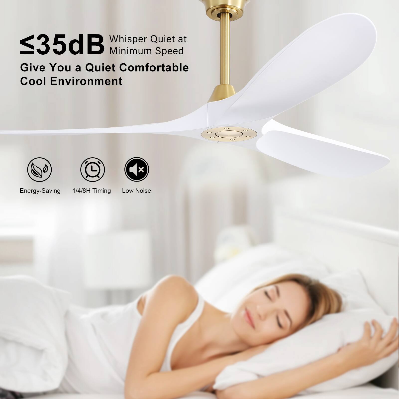 ≤35dB  
Whisper Quiet at Minimum Speed  
Give You a Quiet Comfortable Cool Environment  

Energy-Saving  
1/4/8H Timing  
Low Noise