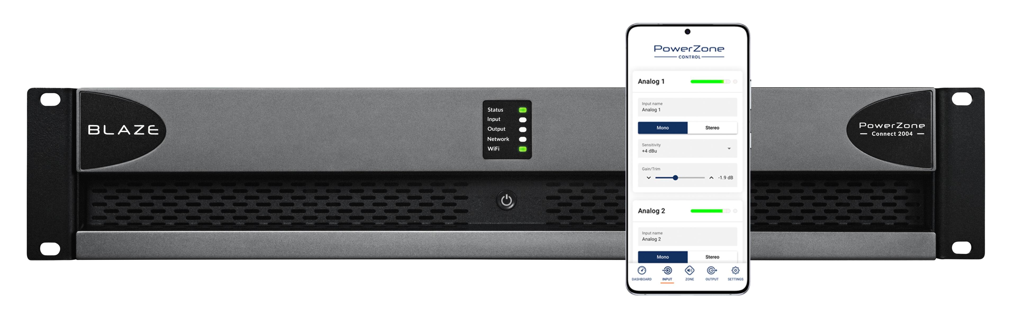 PowerZone CONTROL  
Analog 1  
- Status  
- Input: Analog 1  
- Output: 1.68  
- Network  
- WiFi  

Analog 2  
- Status  
- Input: Analog 2  
- Output: 1.68  
- Network  
- WiFi  

Stereo  
- Sensitivity: +4 dBu  
- Gain/Trim: -  
- Stereo  
- Output  
- Balance  

PowerZone Connect 2004
