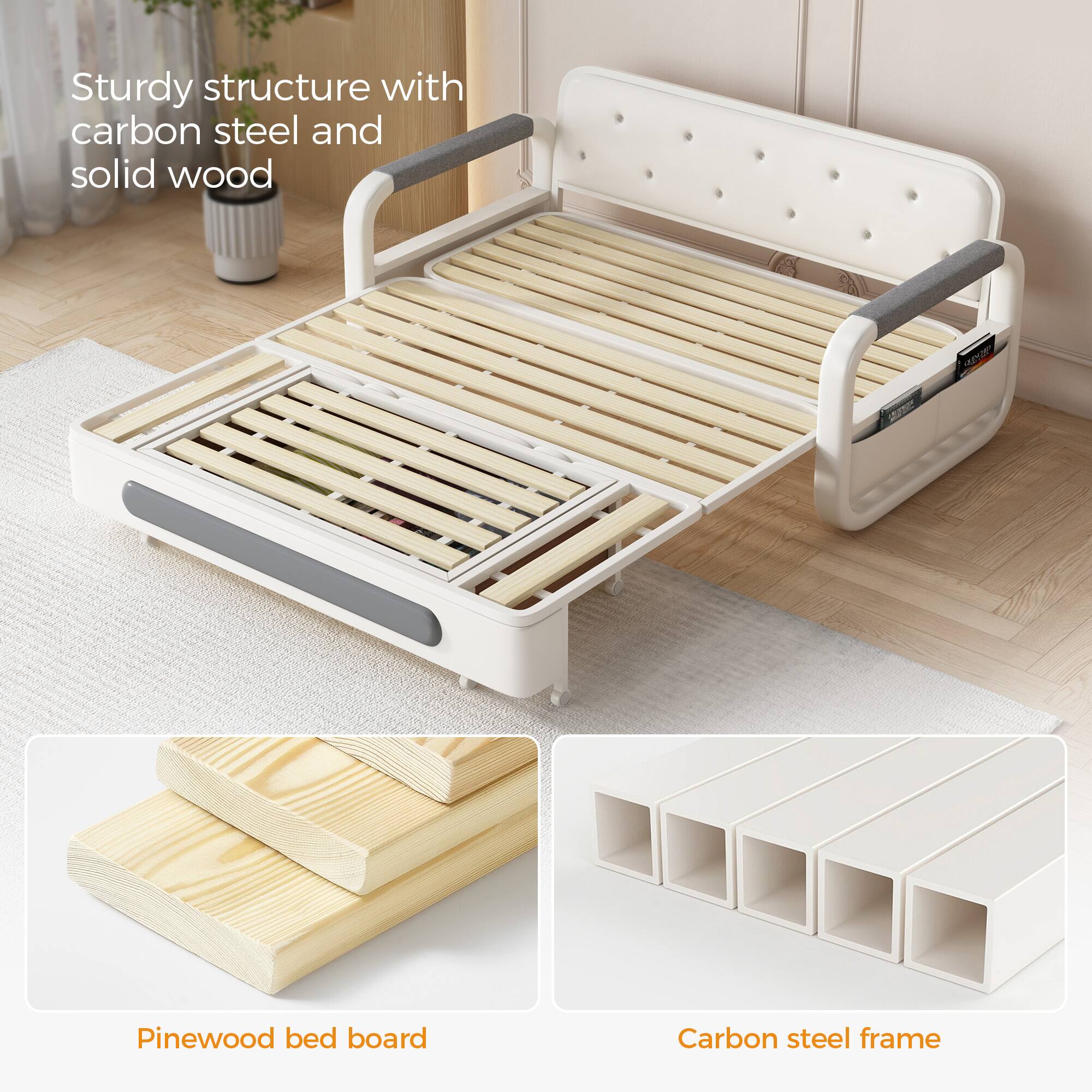 Sturdy structure with carbon steel and solid wood: Pinewood bed board, Carbon steel frame