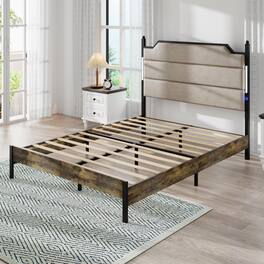 Ecooso - Queen Size Bed Frame with Upholstered Headboard ,Charging Station and LED Lights,No Box Spring Needed - Brown