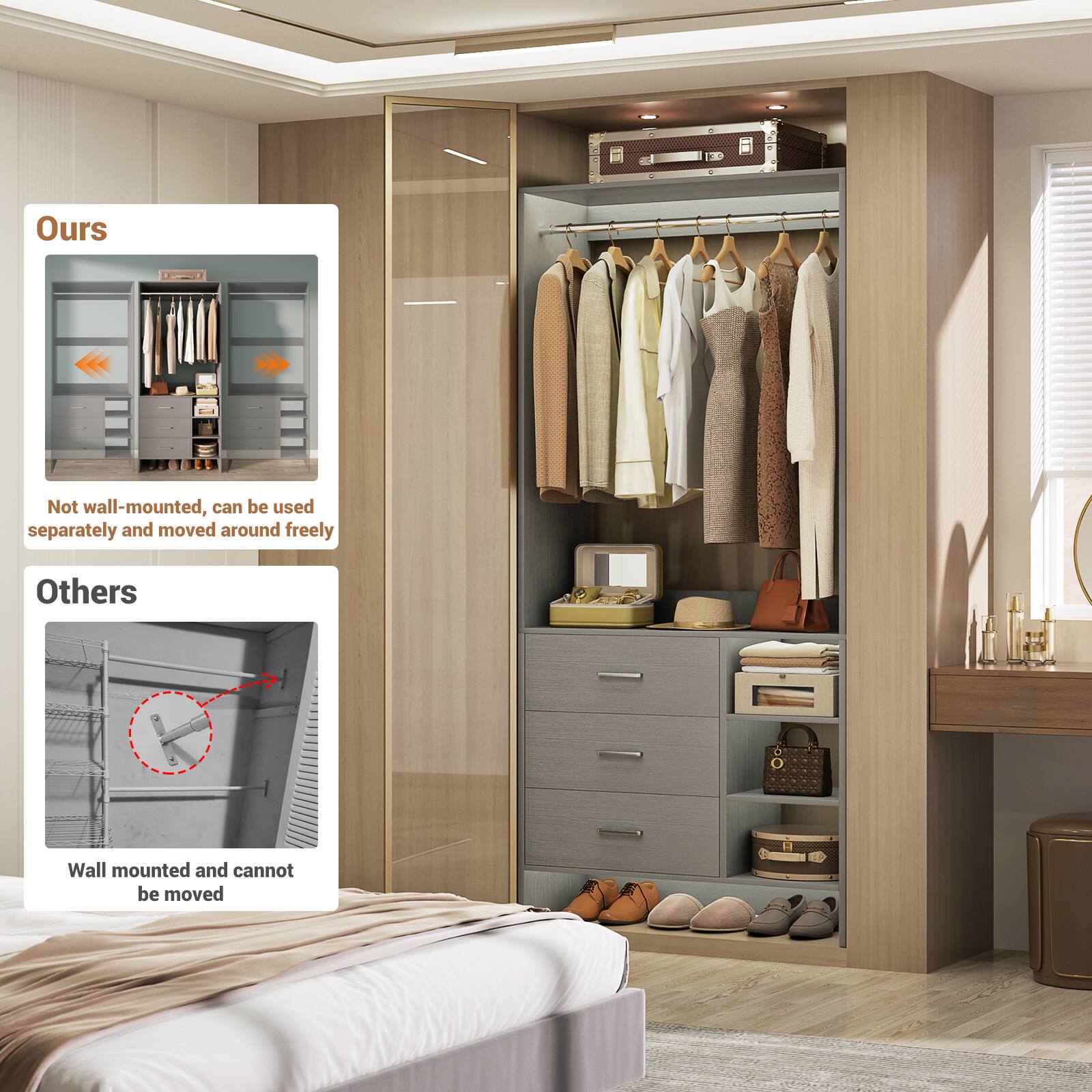 Ours  
Not wall-mounted, can be used separately and moved around freely  

Others  
Wall mounted and cannot be moved