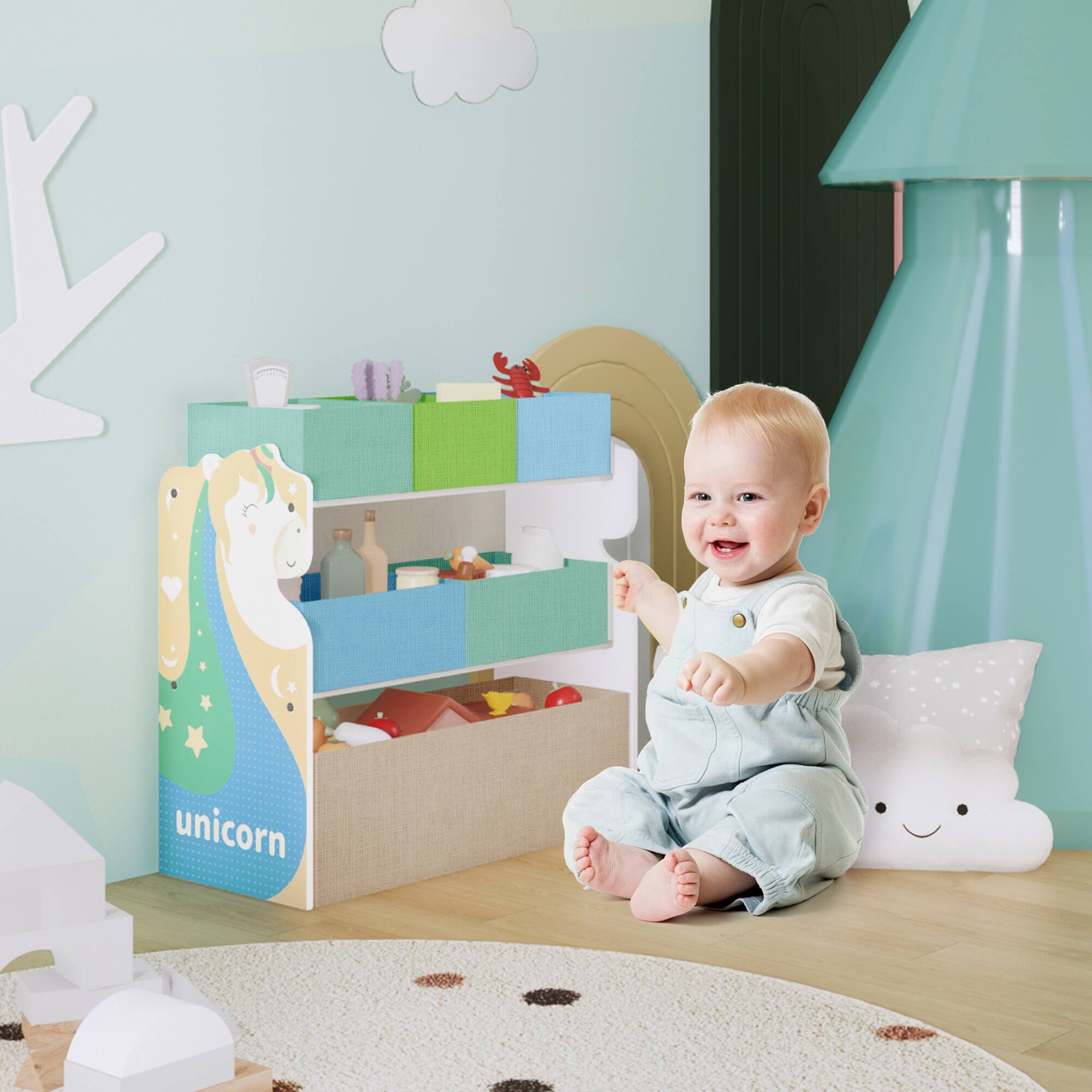 Alt View 1. Malletson - Kids Toy Storage Organizer with Fabric Bins, 3-Tier Children’s Toy Shelf with Unicorn Side Panels for Playroom, Bedroom - Multicolor.