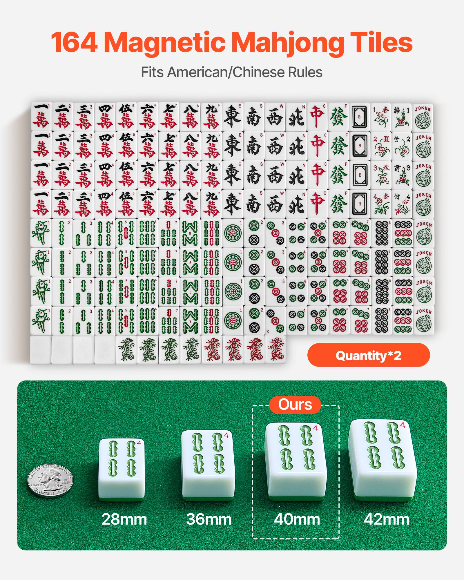 164 Magnetic Mahjong Tiles  
Fits American/Chinese Rules  

Quantity*2  

Ours  

28mm  
36mm  
40mm  
42mm