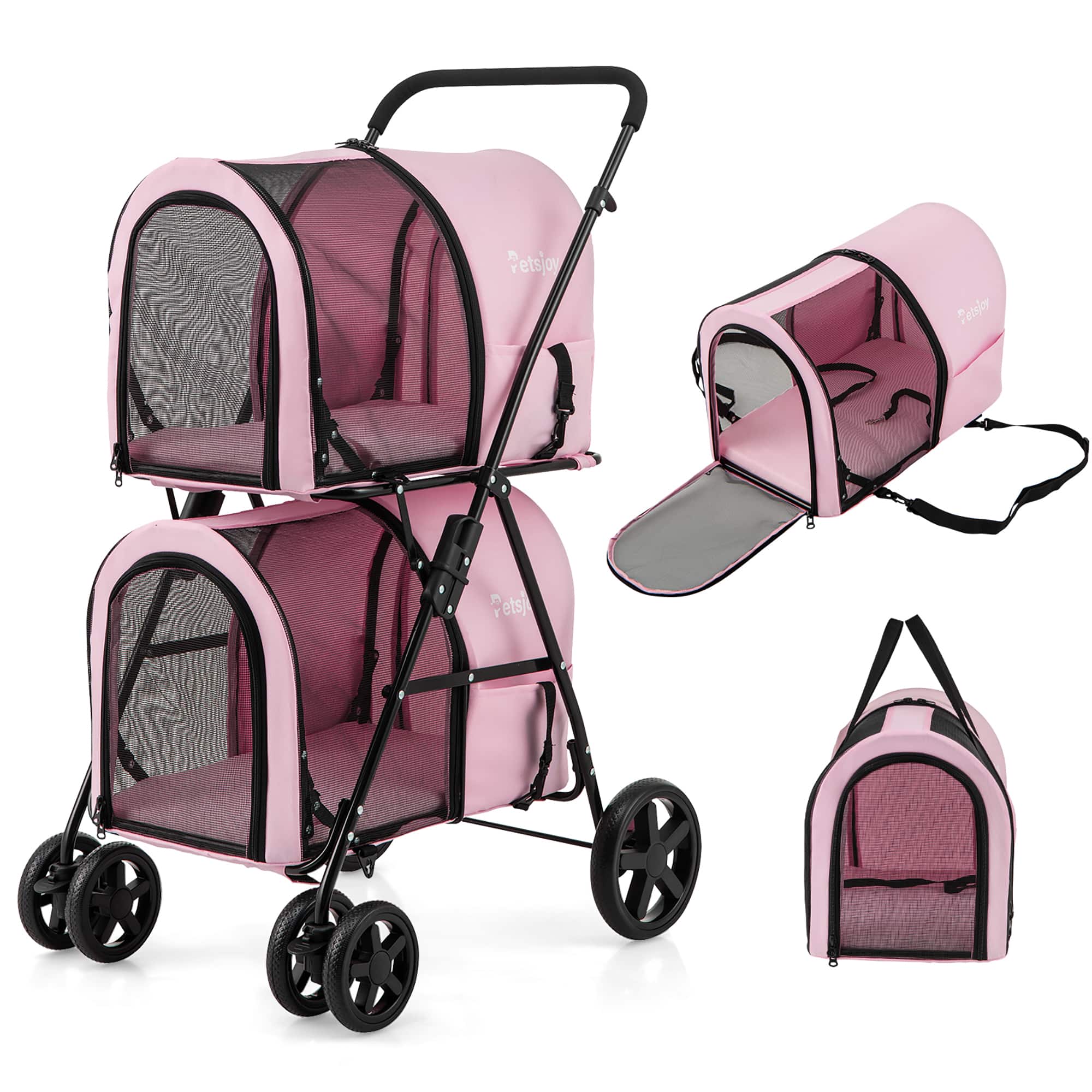 Gymax - 4-in-1 Double Pet Stroller w/ Detachable Carrier Travel Carriage for Cats Pink