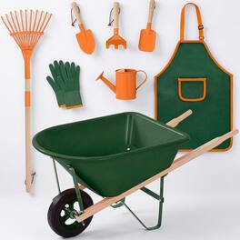 Best Choice Products - Kids Wheelbarrow Gardening Tool Set 8 Piece with Metal Tools, Apron, Gloves Ages 3+ - Green/Orange