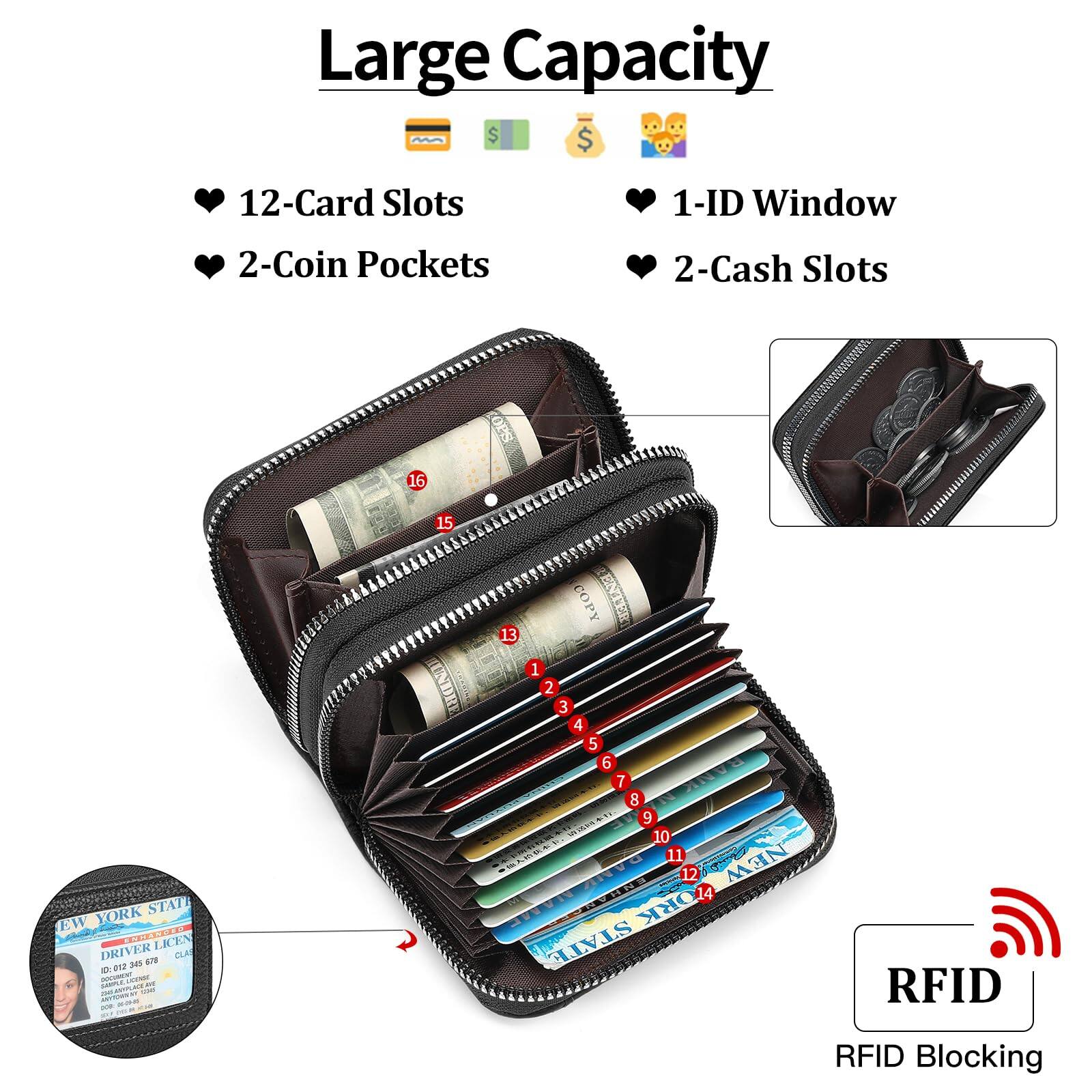 Back. Jadie Link - Credit Card Holder Wallet Rfid Blocking Leather Small Women Double Zipper Window Card Holder credit card wallet made - A-Black.