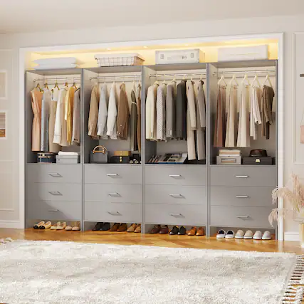 Front. Aheaplus - 8FT Wood Wardrobe System with 4 Hanging Rods and 12 Drawers, Clothes Rack for Closet/Bedroom, 4 Piece Set - Gray.